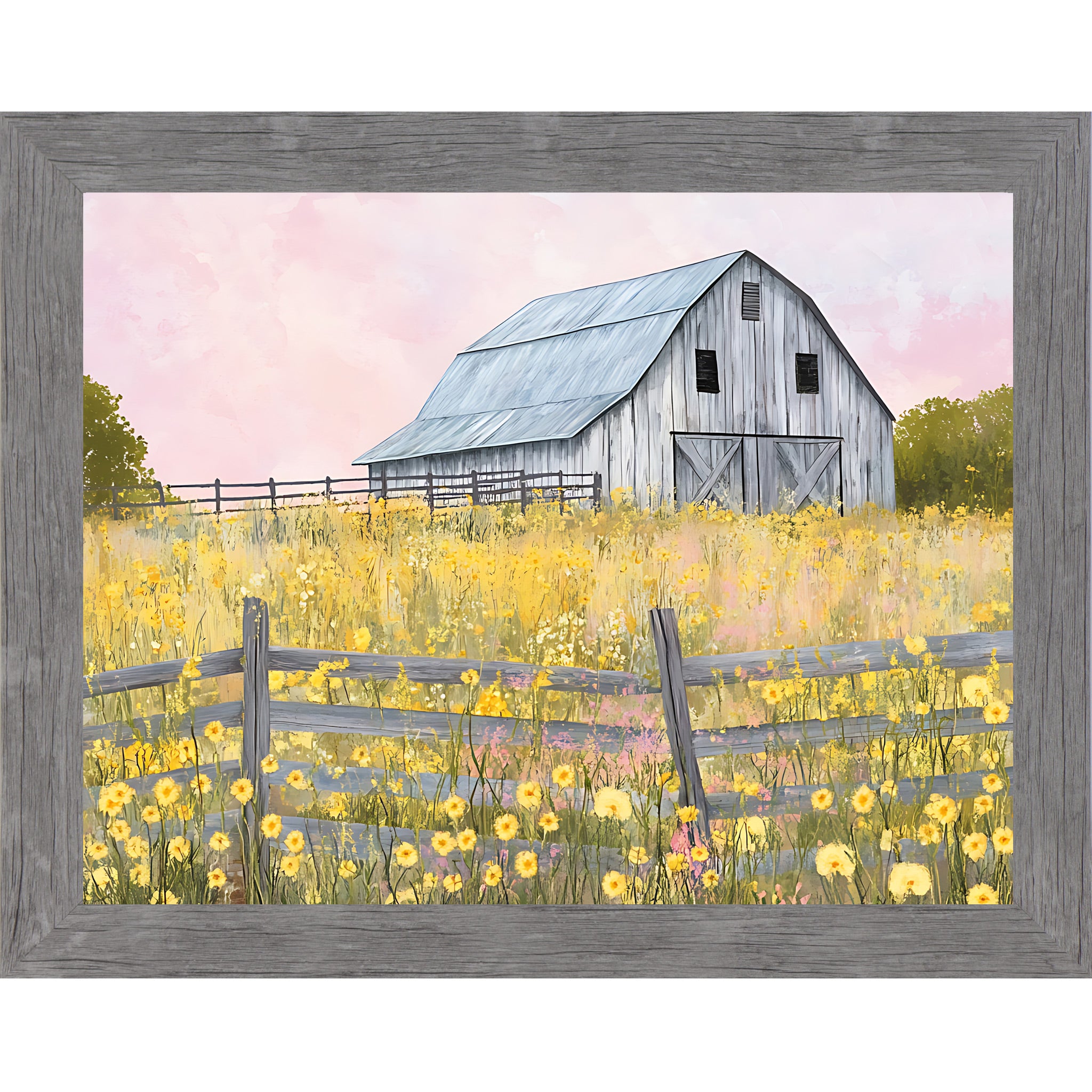 Gray framed landscape farmhouse wall art featuring a watercolor gray barn in a yellow wildflower meadow with split rail fence green trees and soft pink sky — Yellow Wildflower Barn SB253