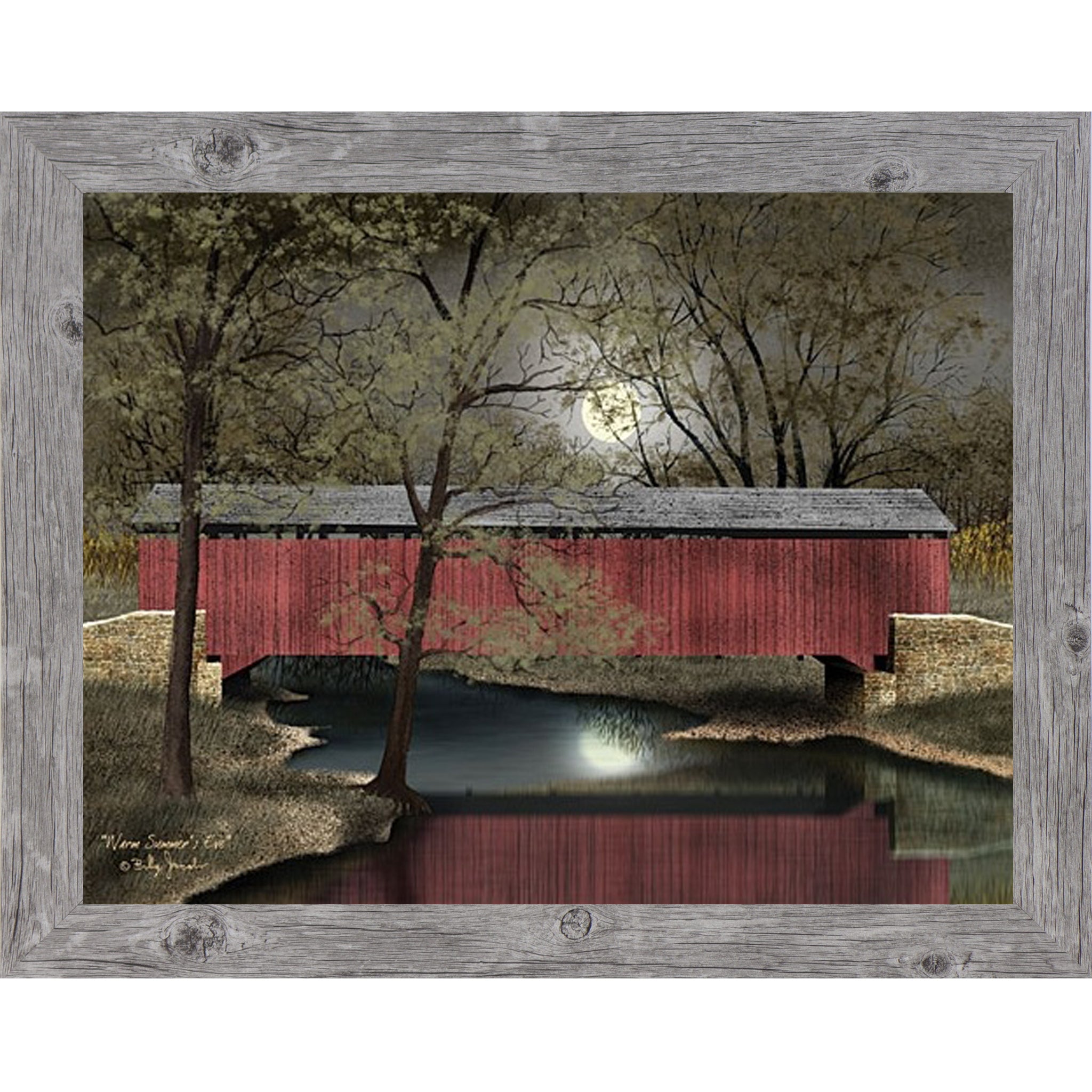 Covered bridge framed wall art by Billy Jacobs featuring a red bridge over a river at dusk surrounded by lush green summer landscape