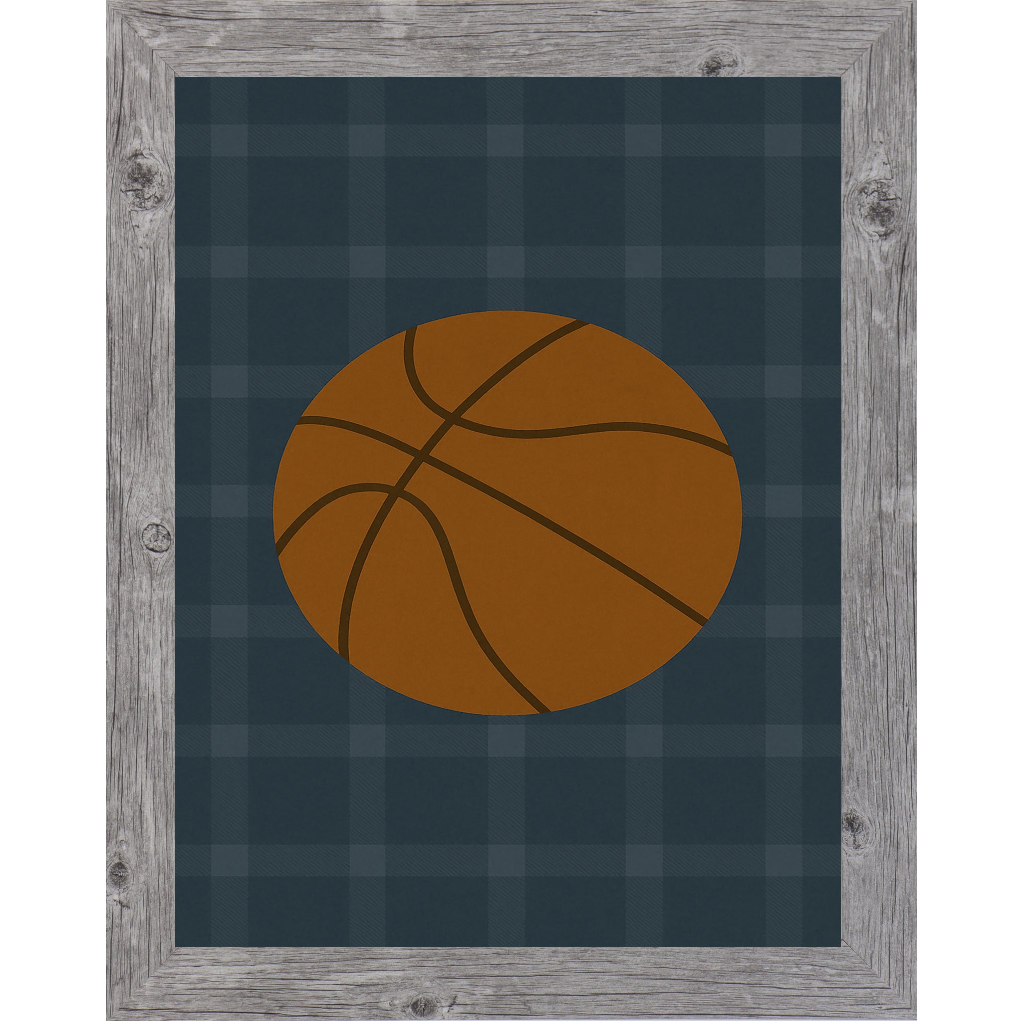 Gray Frame color of Basketball wall art featuring a large basketball illustration on a blue green plaid background designed for boys sports rooms or basketball themed nurseries.