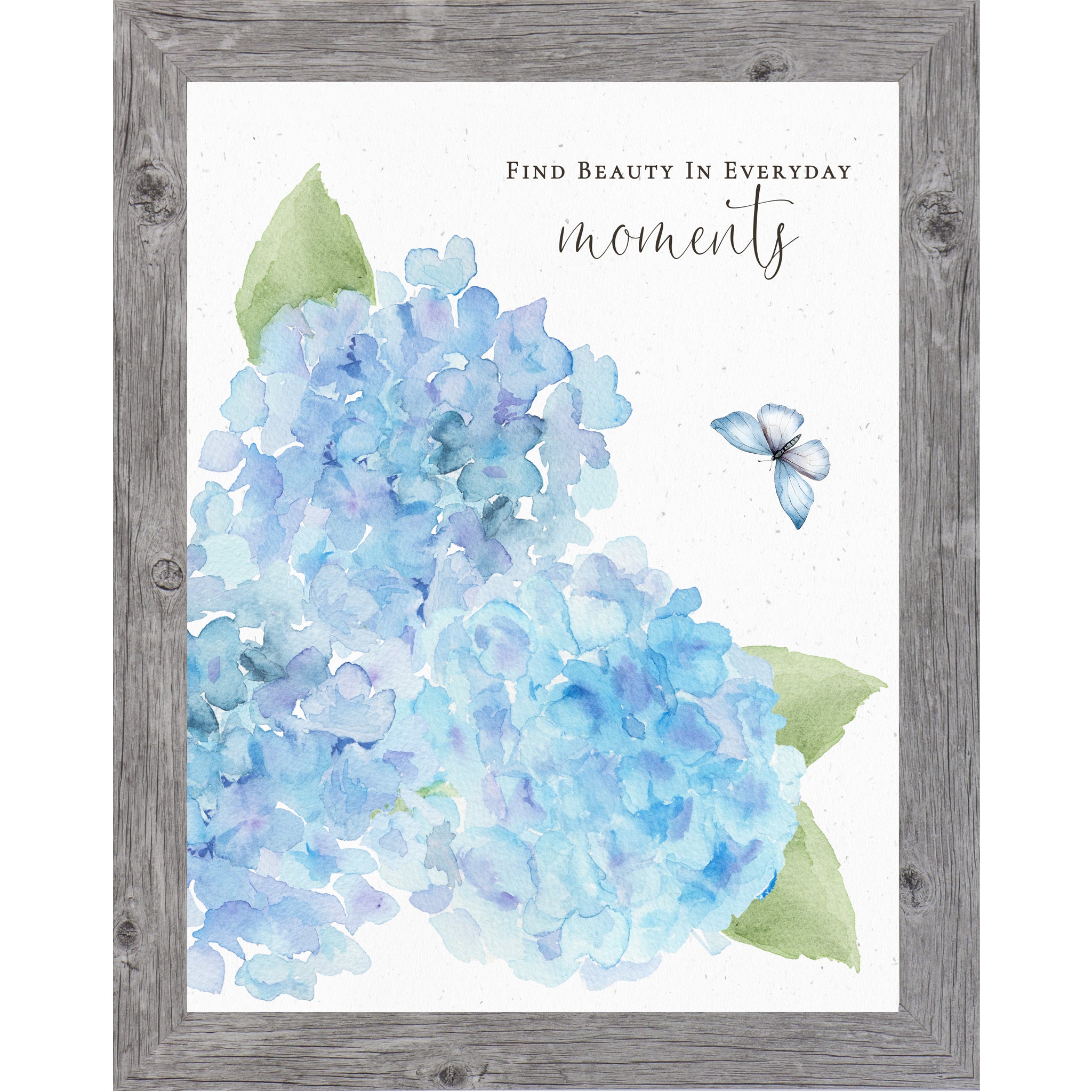 Gray Vertical blue hydrangea watercolor wall art with three large blooms, green leaves, butterfly, and quote Find Beauty in Everyday Moments.