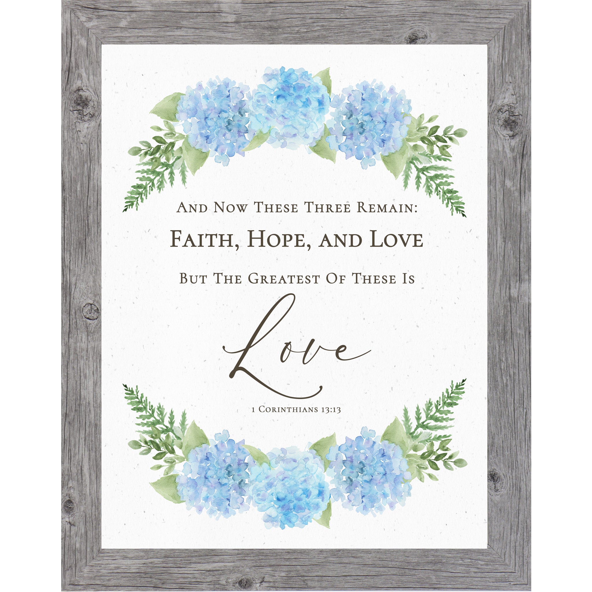 Gray Vertical hydrangea scripture wall art with blue floral arrangements and greenery featuring 1 Corinthians 13:13 Faith Hope Love verse.