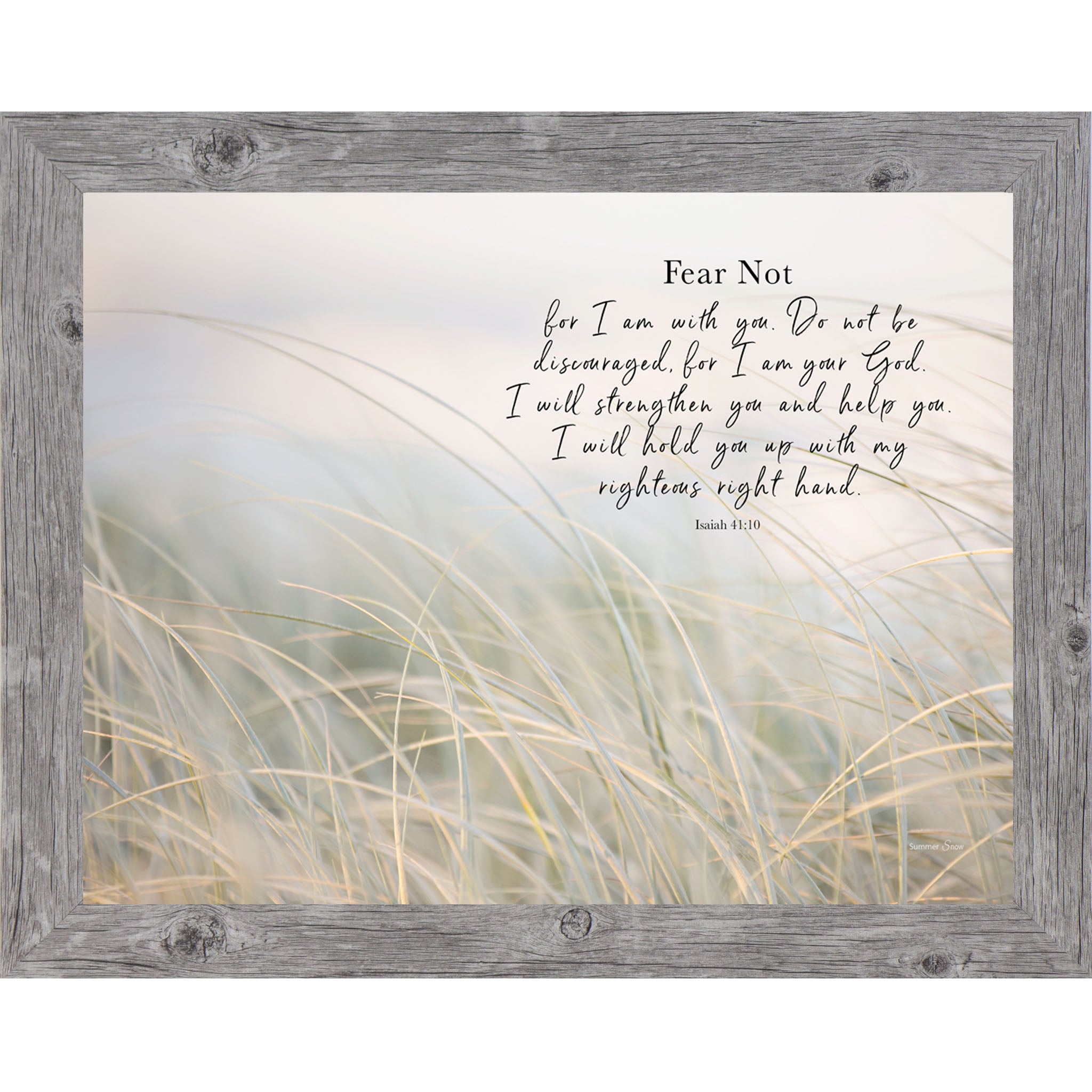 Gray framed landscape Christian scripture wall art with bokeh coastal tall grasses in morning mist and the words "Fear Not For I Am With You I Will Strengthen You Isaiah 41:10"