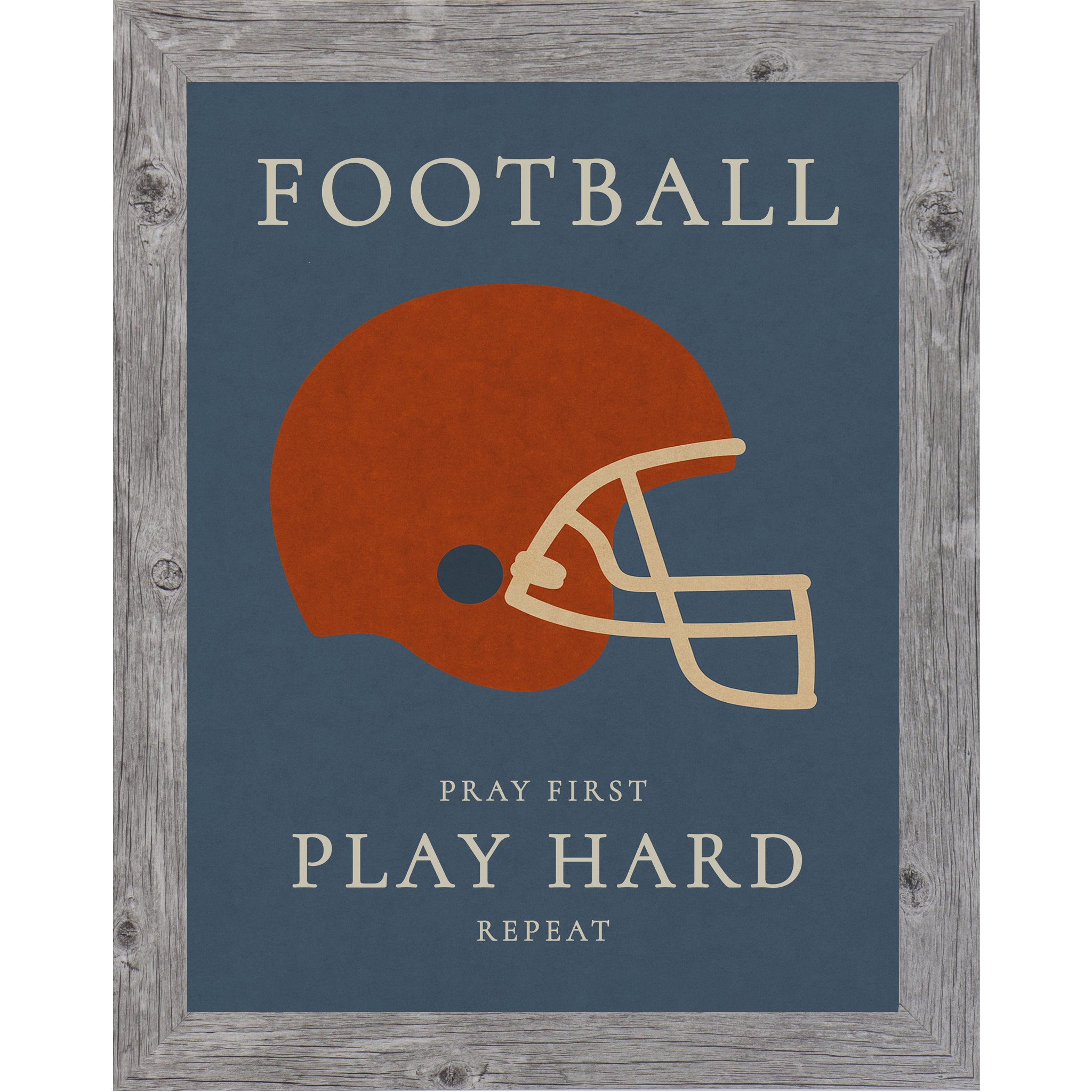 Gray color frame of Christian football wall art featuring a football helmet with the phrase Pray First Play Hard Repeat on a blue background