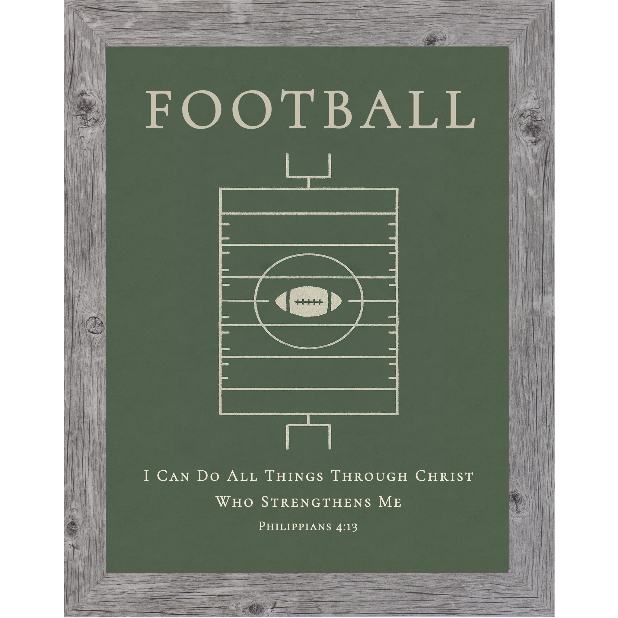Gray colored frame of a Christian football wall art featuring a minimalist football field design and Philippians 4:13 scripture on a green background