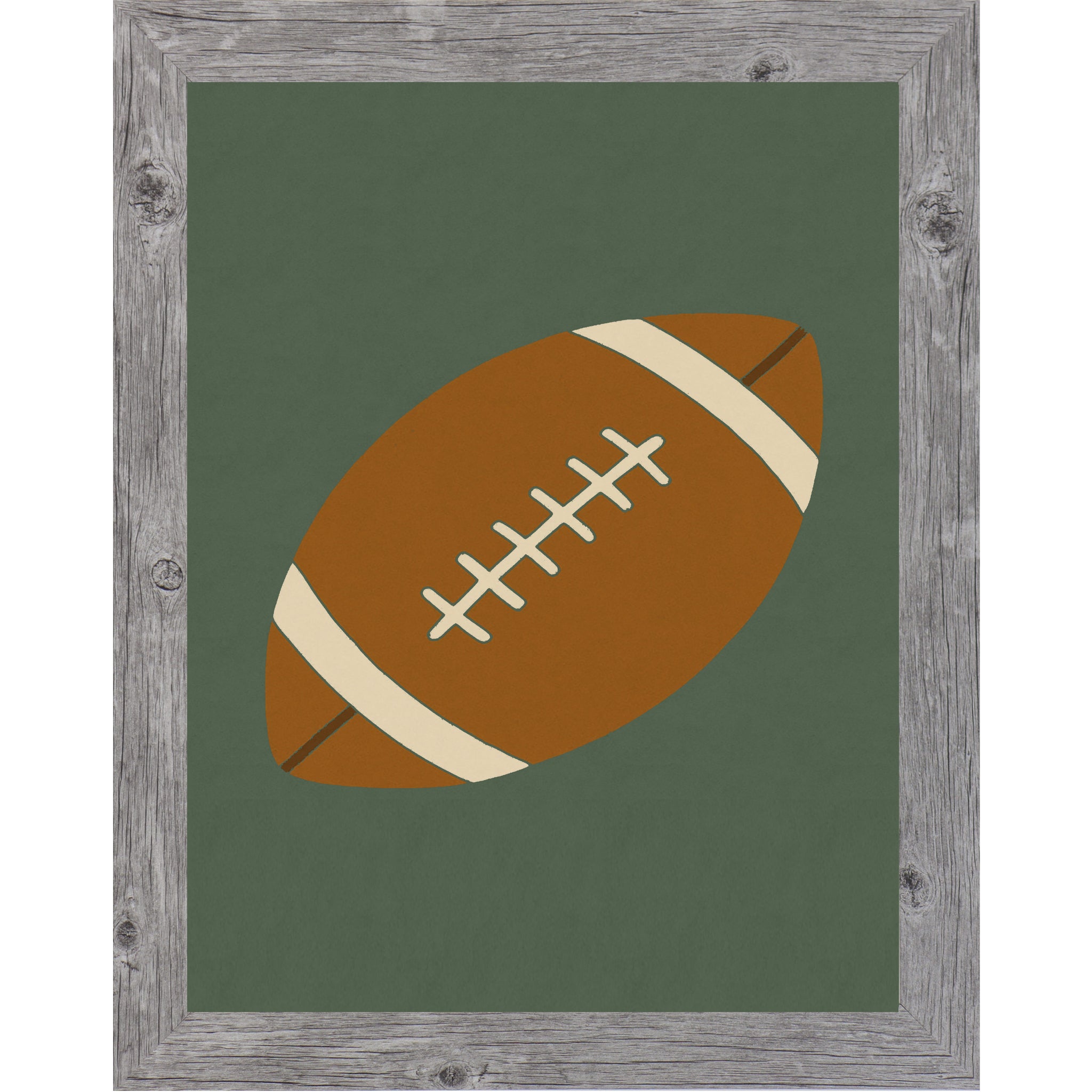 Gray color framed Minimalist football wall art featuring a classic football illustration on a green background in a framed design for boys room sports decor