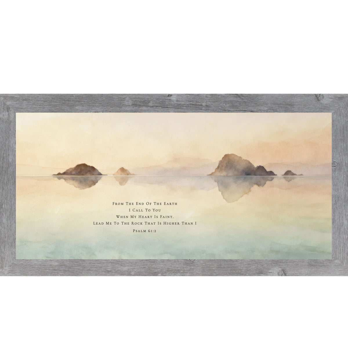 Framed Christian lake wall art featuring calm water reflections with Psalm 61:2 scripture in a wide horizontal watercolor landscape.