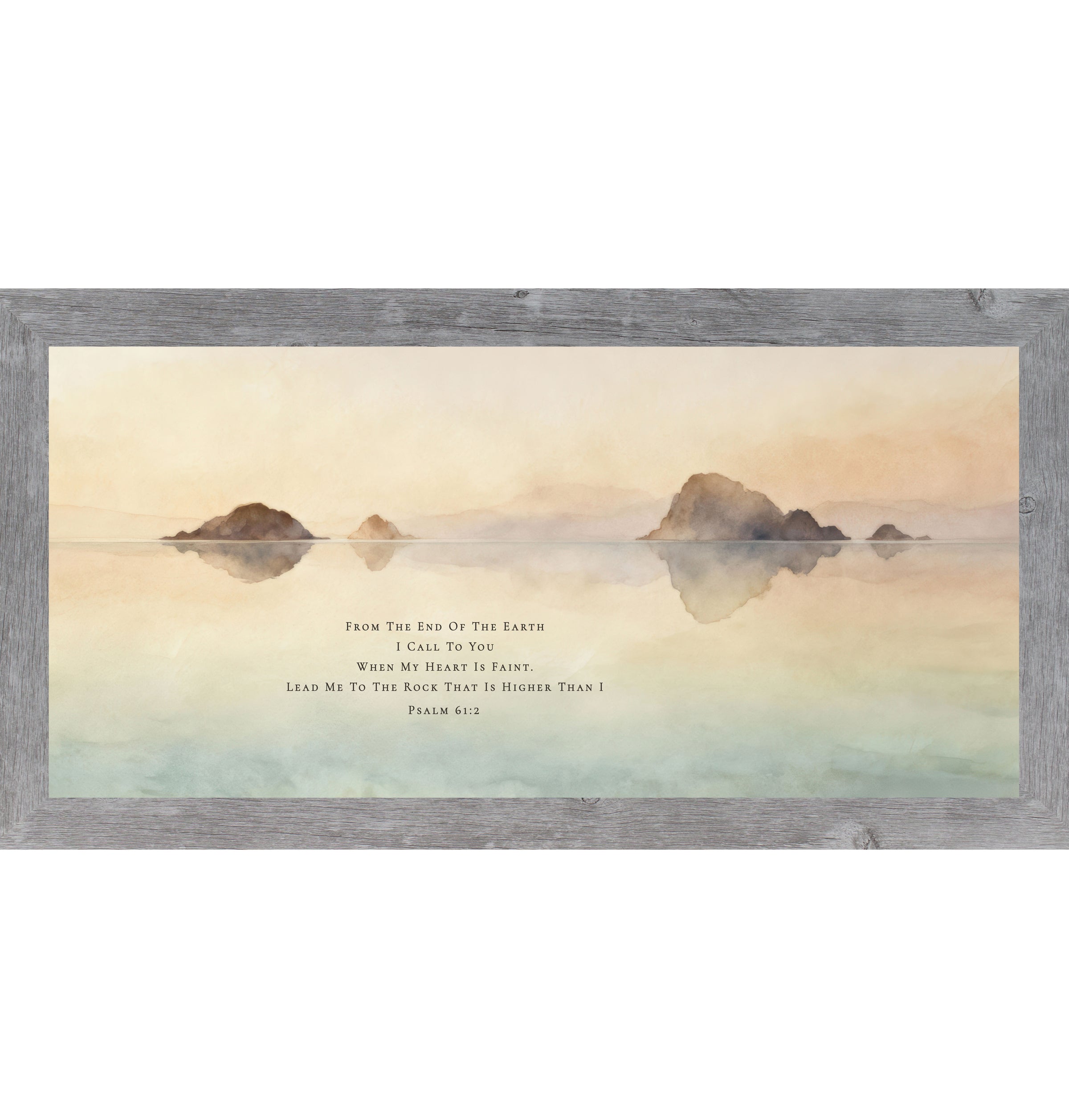 Framed Christian lake wall art featuring calm water reflections with Psalm 61:2 scripture in a wide horizontal watercolor landscape.
