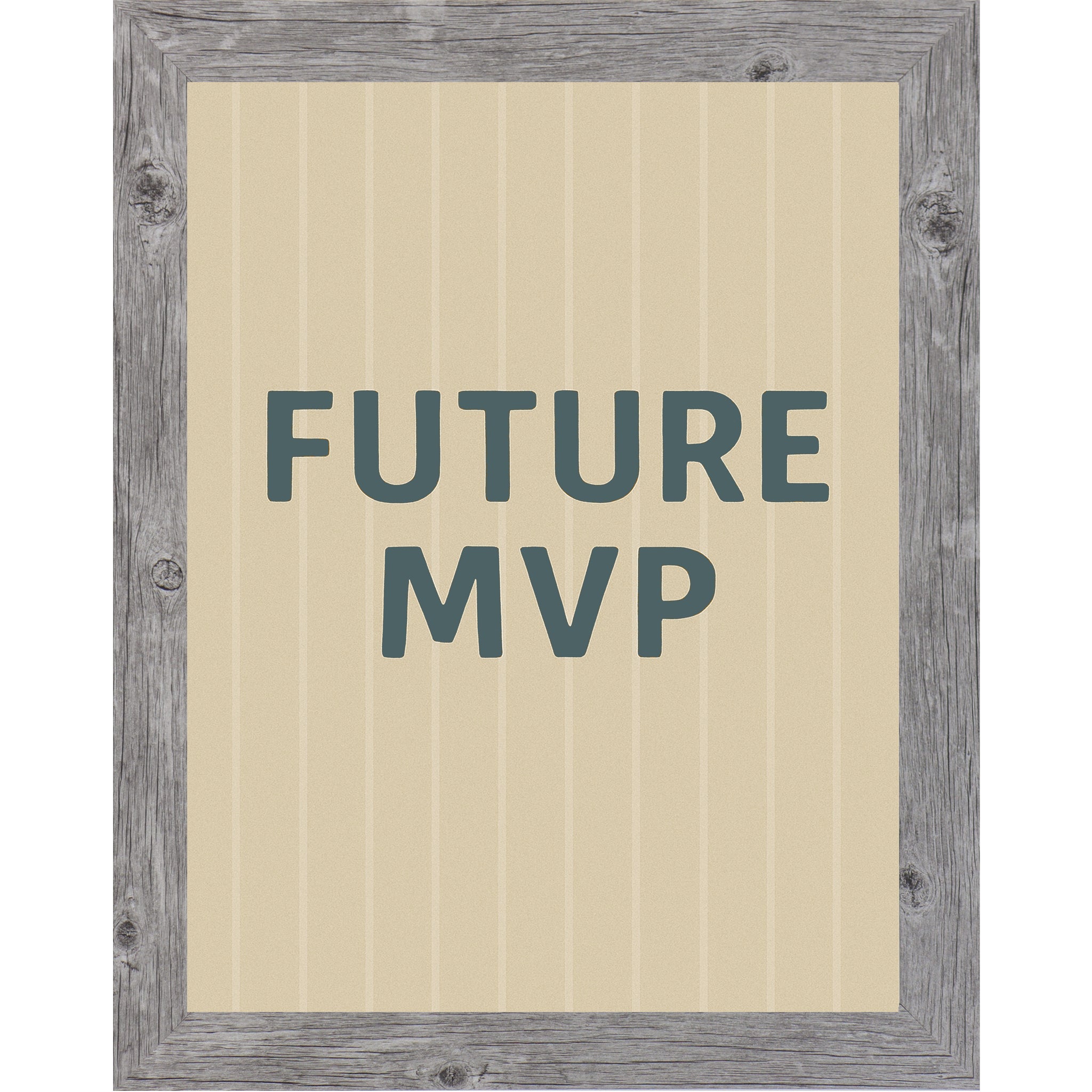 Gray Frame Color Framed sports nursery wall art reading Future MVP on striped baseball inspired background for boys room or sports themed nursery.