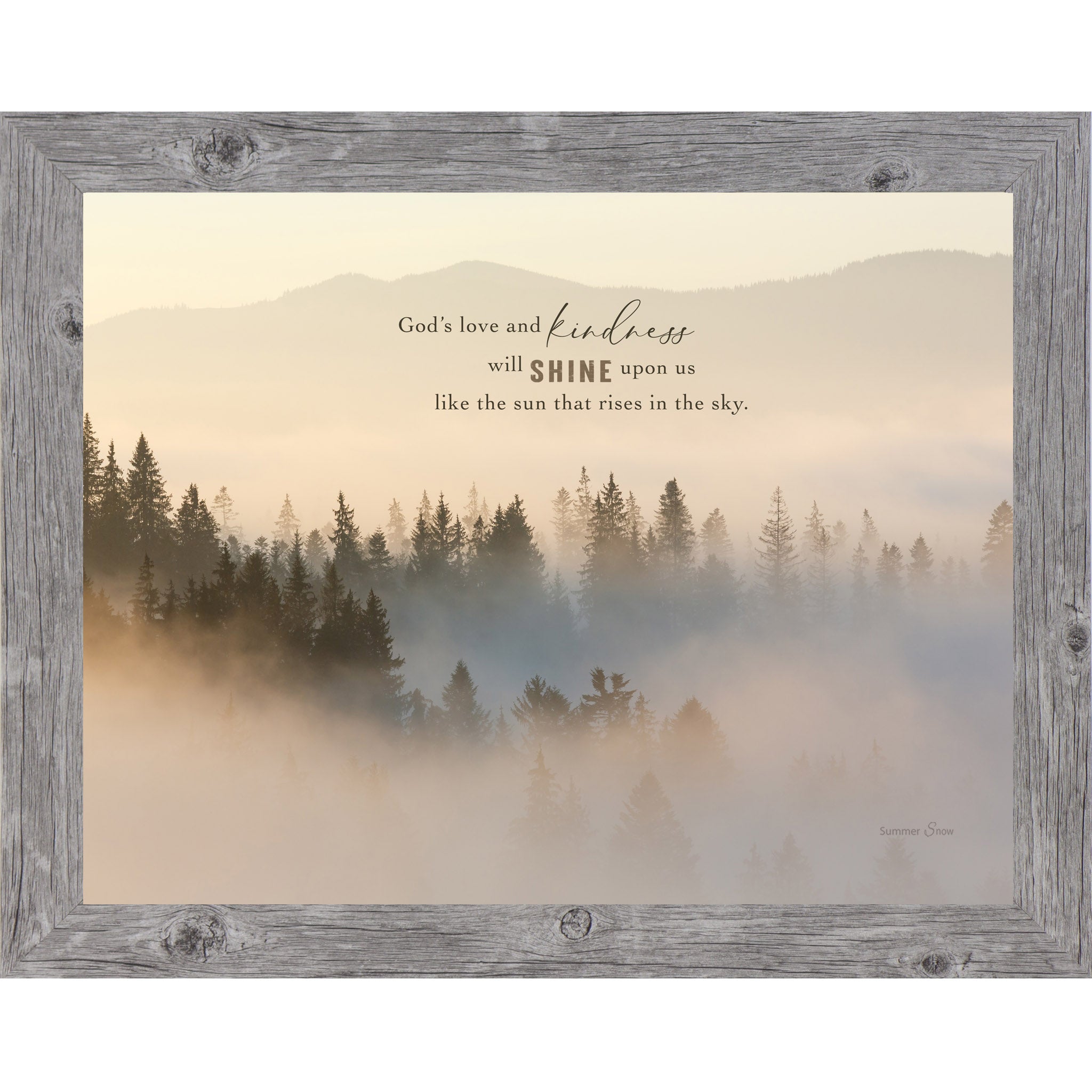 Christian mountain wall art in horizontal format featuring misty evergreen forest at sunrise with inspirational quote about God’s love and kindness shining like the rising sun.