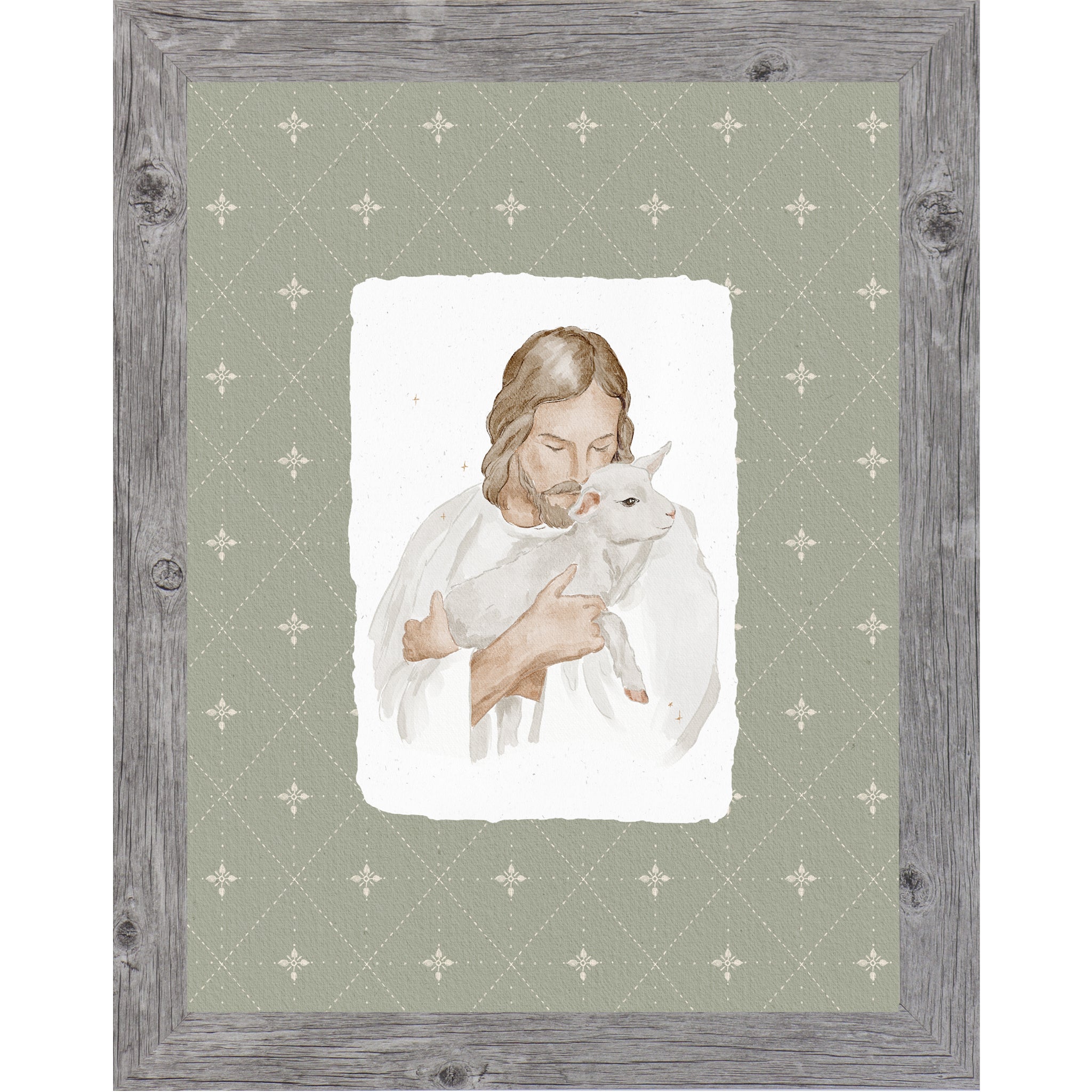 Vertical Good Shepherd wall art featuring Christ holding a lamb on a sage patterned background in a framed faith decor design.