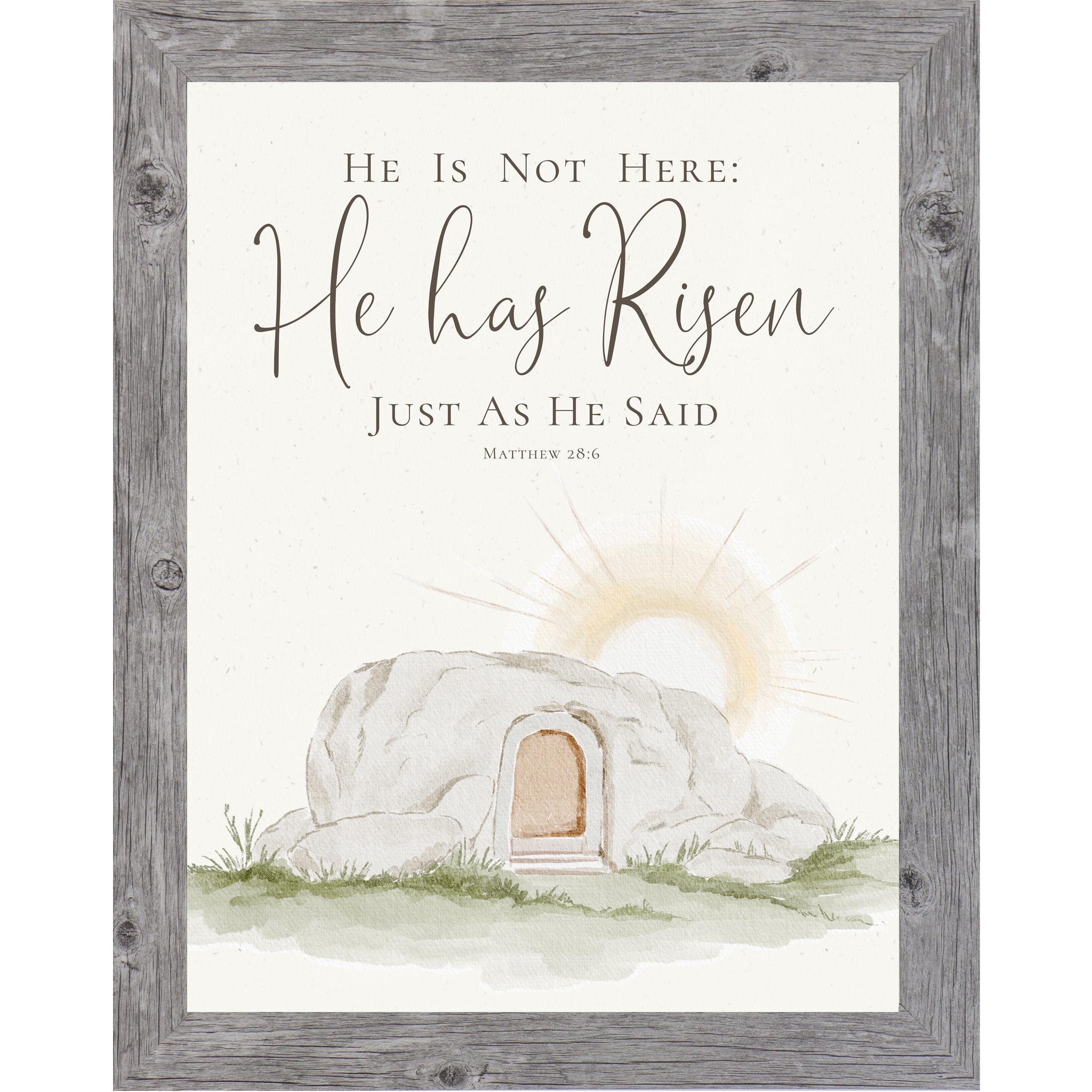 Vertical He Has Risen wall art featuring Matthew 28:6 scripture above a watercolor empty tomb at sunrise on a neutral background.