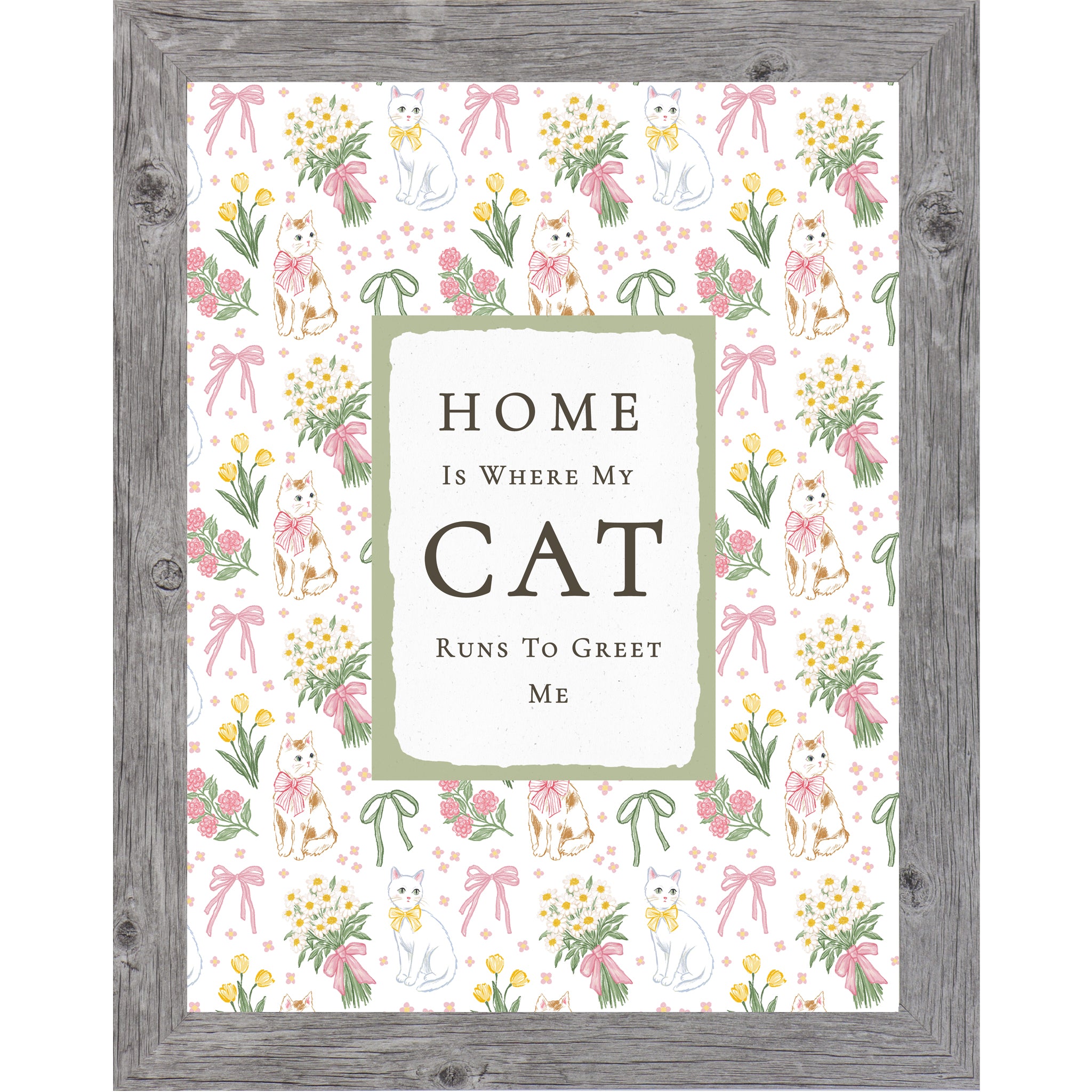 Gray Vertical cat lover wall art with pink floral bows and white and calico cats surrounding the phrase Home Is Where My Cat Runs To Greet Me on neutral background.