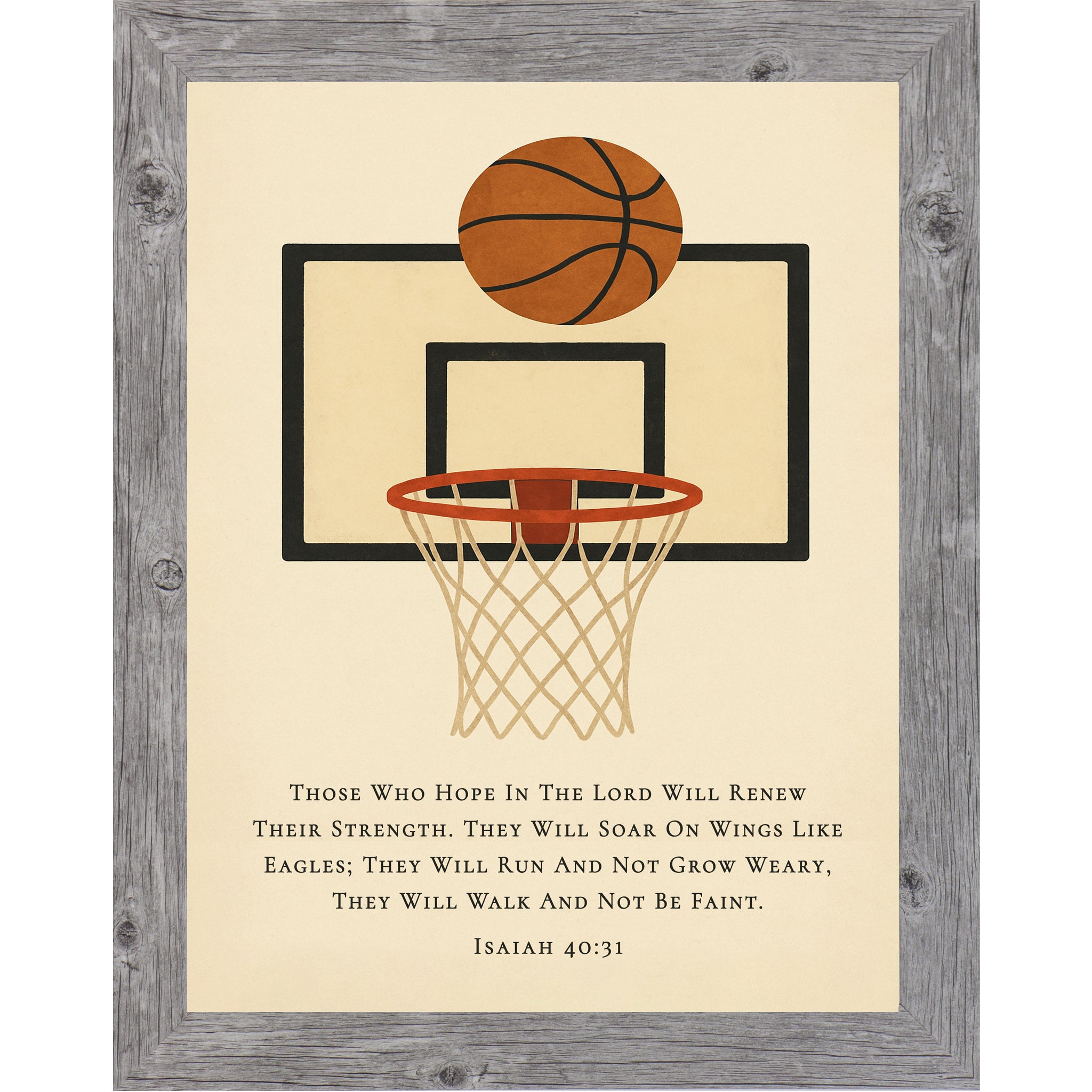 Gray color frame Christian basketball wall art featuring a basketball hoop illustration with the Bible verse Isaiah 40:31 on a neutral background.