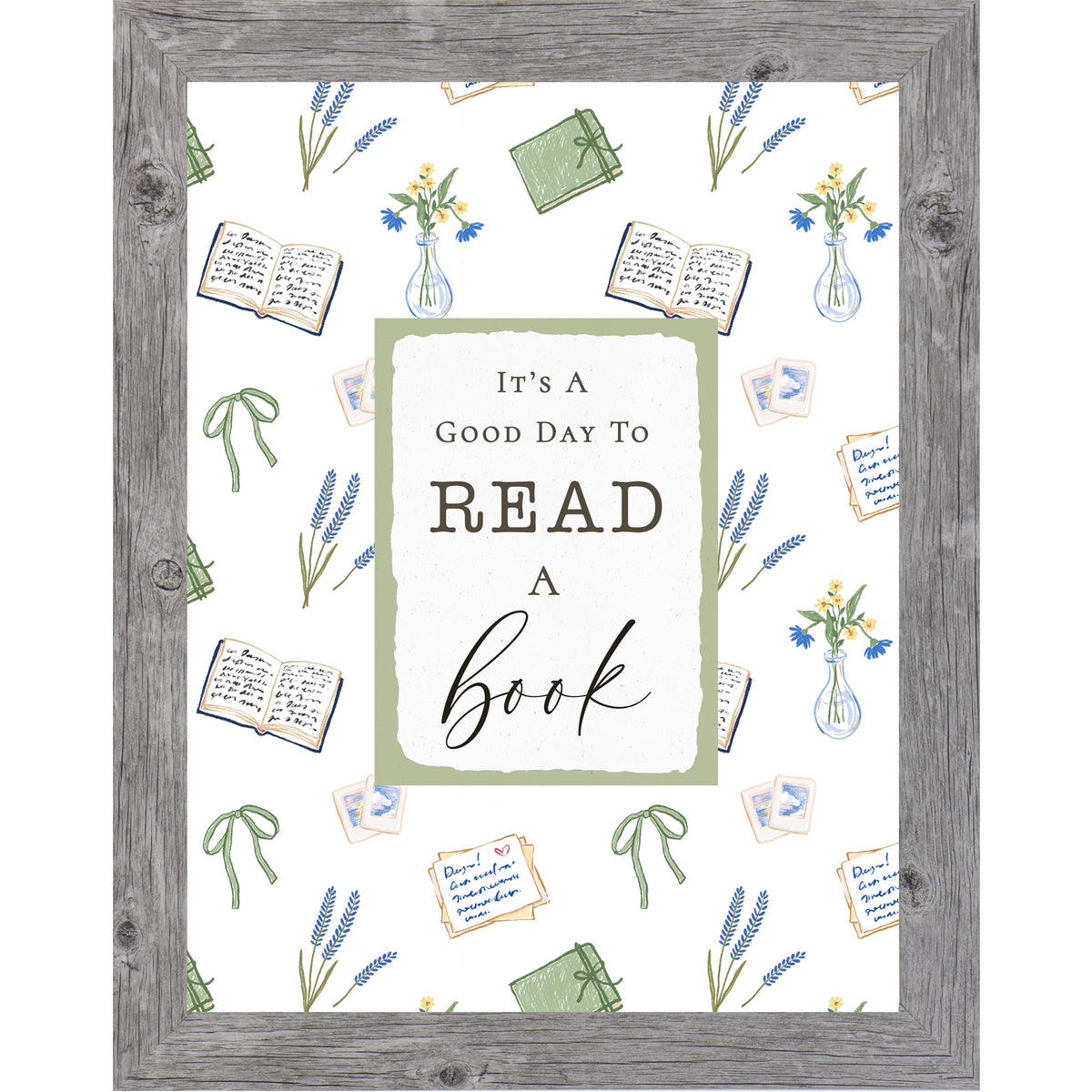Reading nook wall art featuring the phrase “It’s A Good Day To Read A Book” with floral, book, and bow illustrations on a neutral background in a vertical framed design.