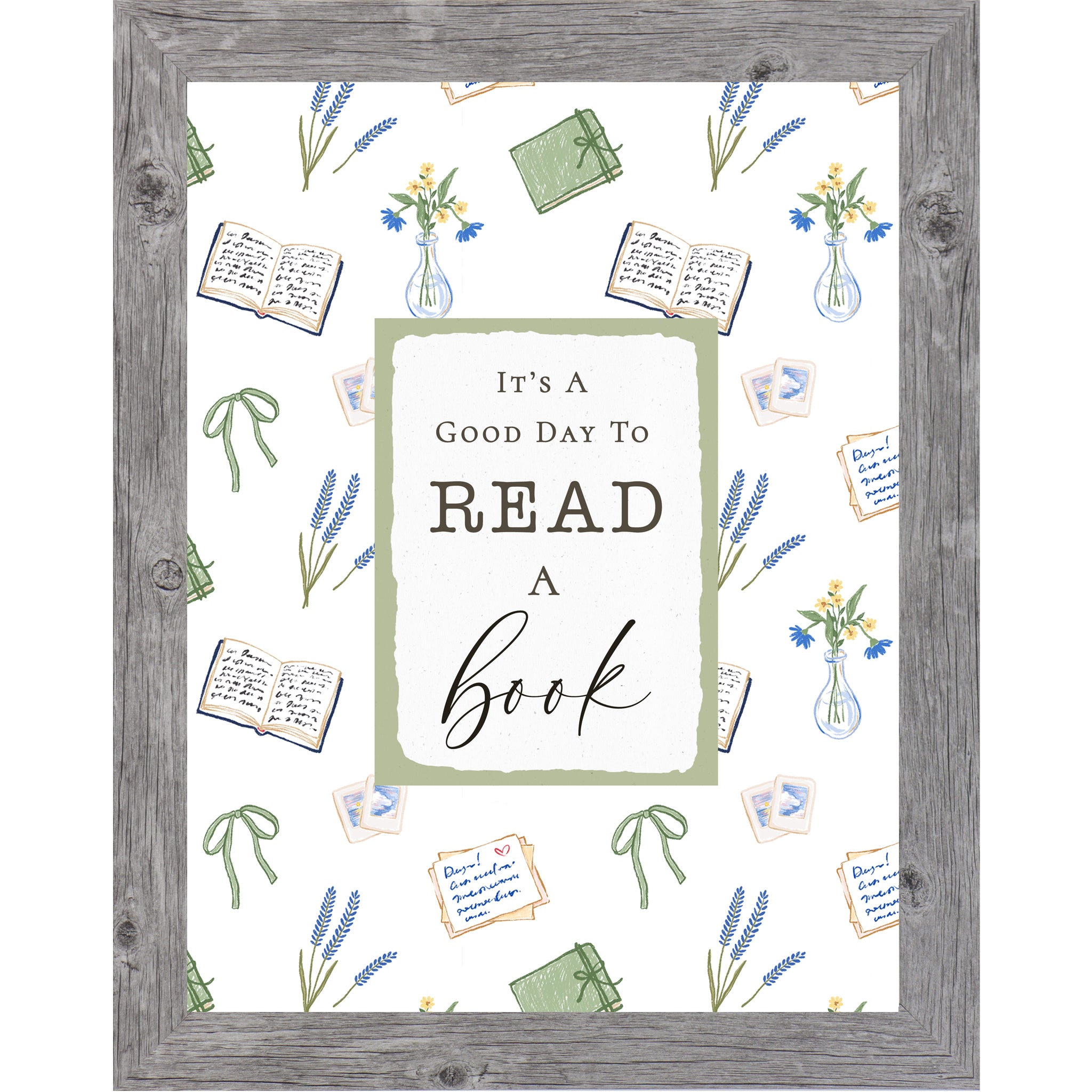 Reading nook wall art featuring the phrase “It’s A Good Day To Read A Book” with floral, book, and bow illustrations on a neutral background in a vertical framed design.