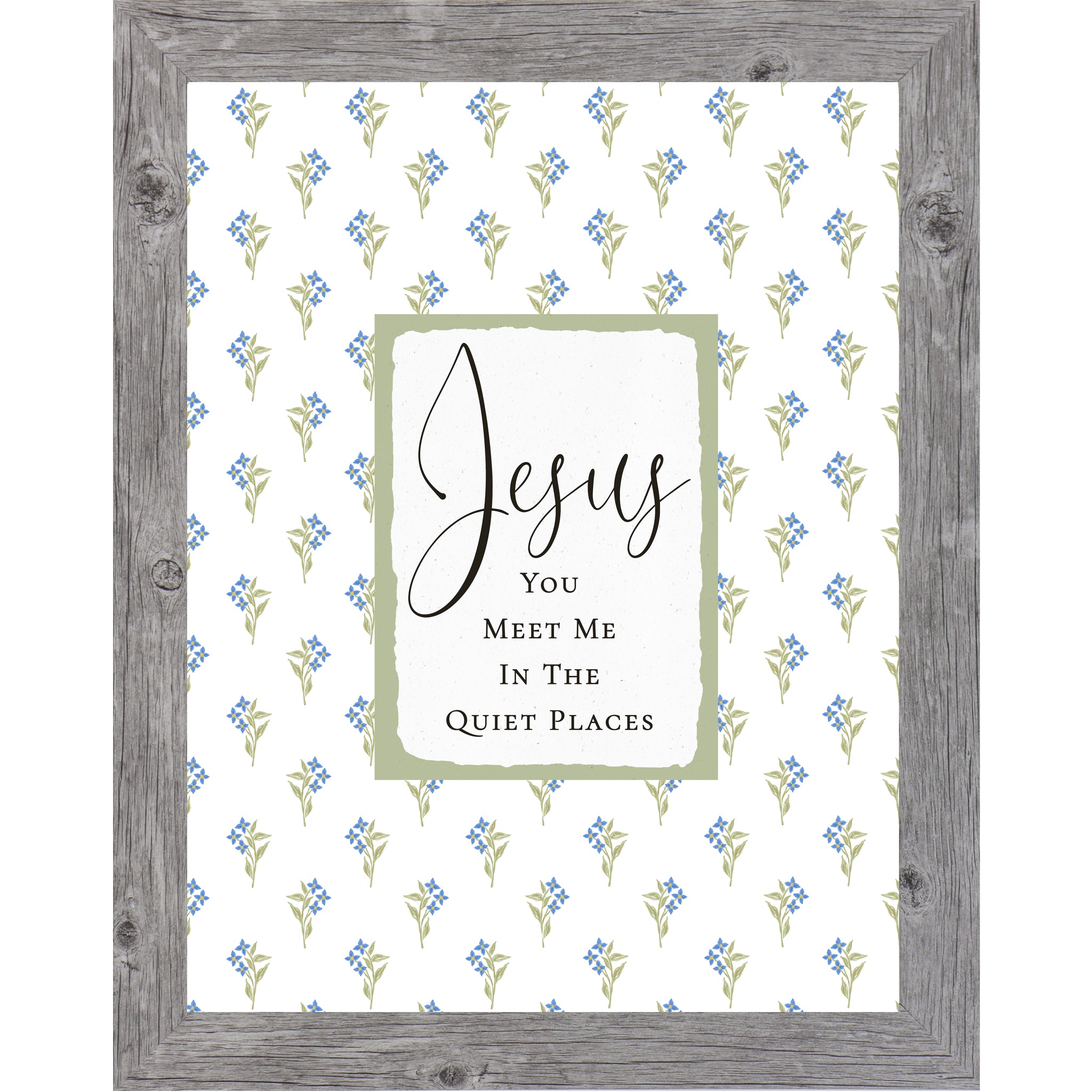 Christian floral wall art featuring blue flowers and green stems with a sage center panel reading “Jesus You Meet Me In The Quiet Places” in a vertical framed design.
