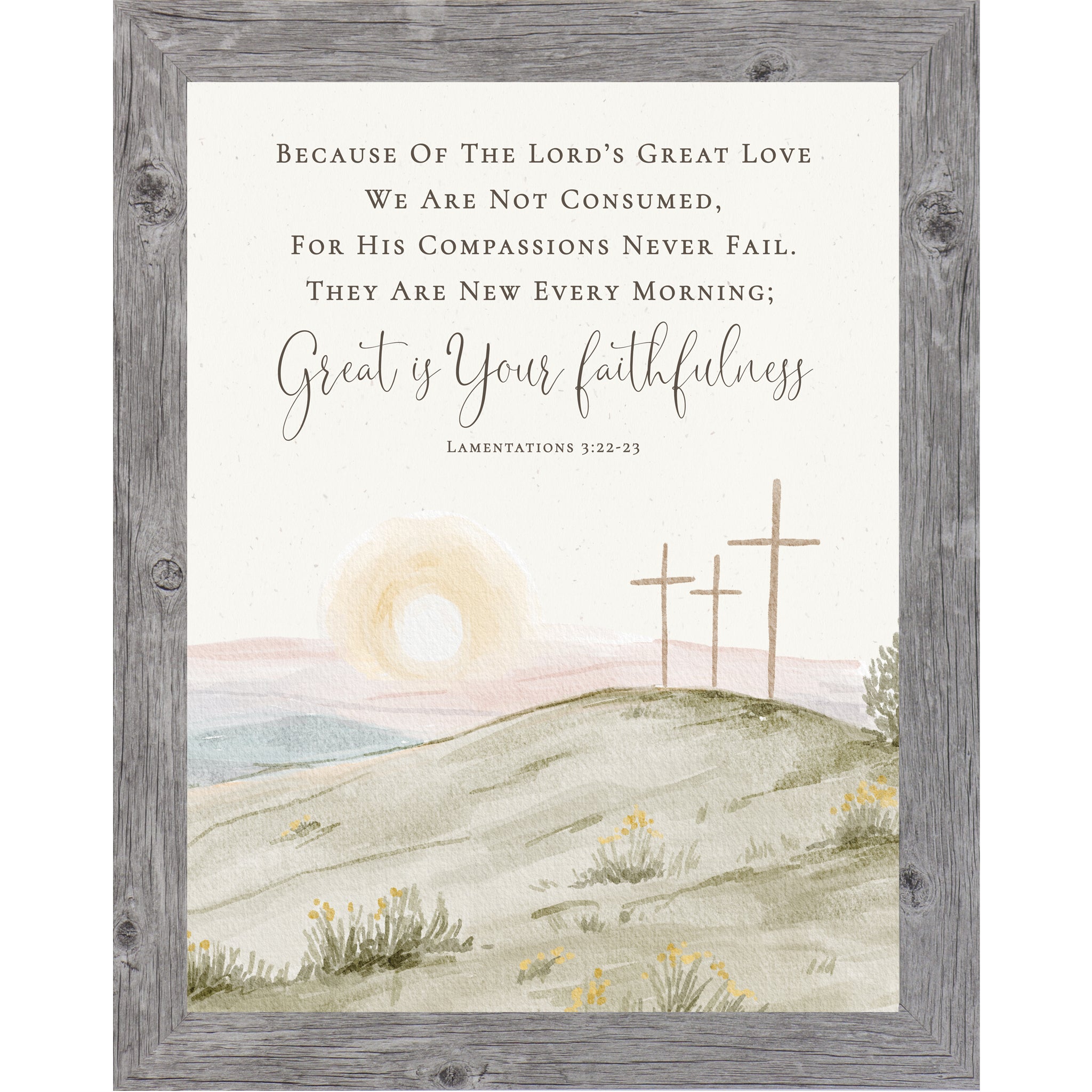 Vertical Lamentations 3:22-23 wall art featuring three crosses at sunrise with Great Is Your Faithfulness scripture on a neutral watercolor background.
