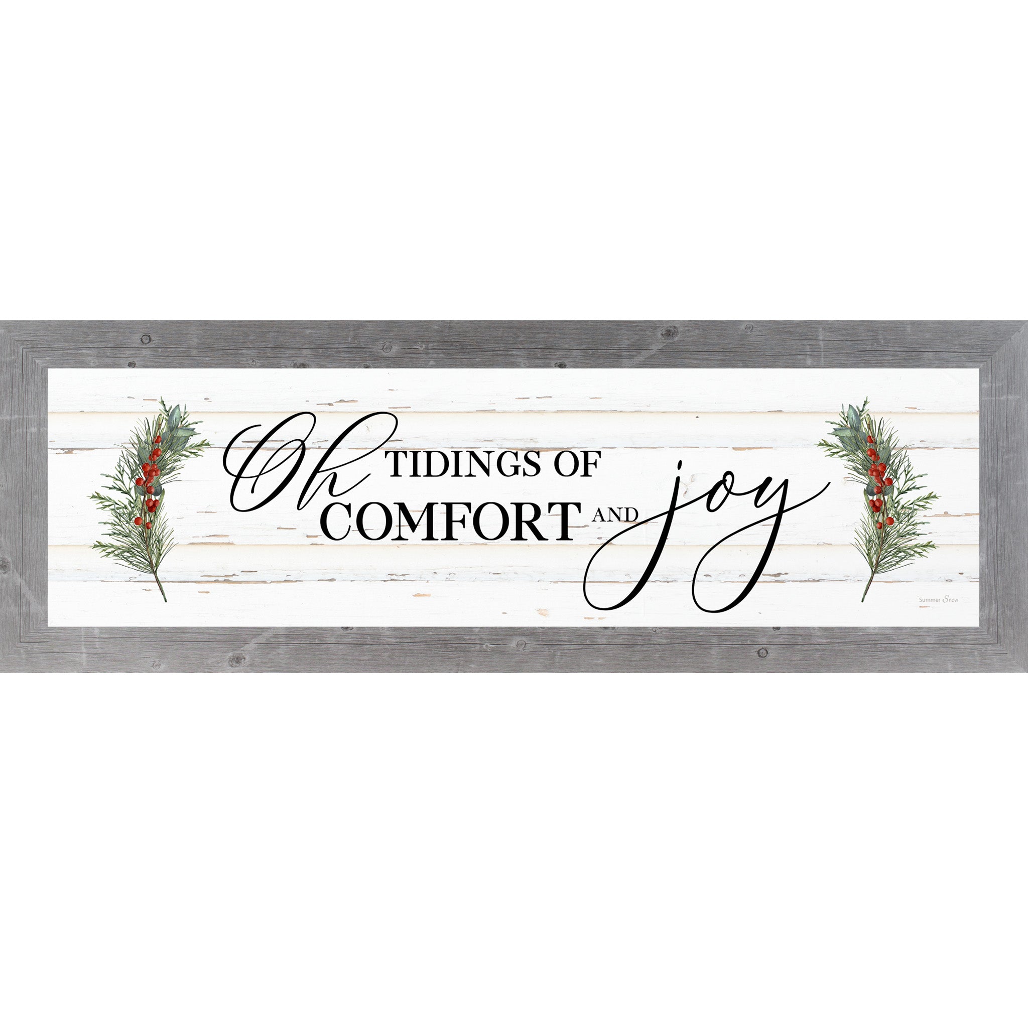 Christian Christmas wall art featuring the phrase “Oh Tidings of Comfort and Joy” in elegant black typography on a white slatted background, framed by green evergreen garland with red berries in a wide horizontal holiday design.