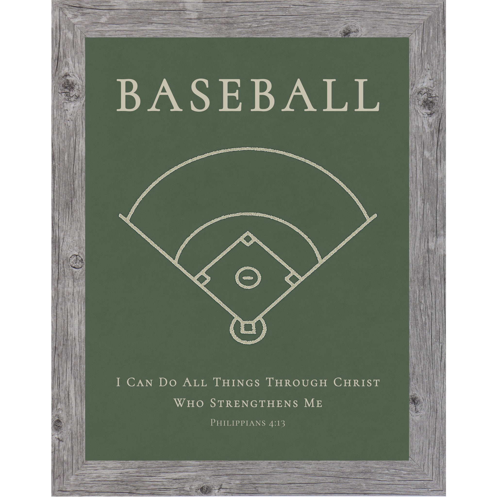 Gray color frame with Baseball themed Christian wall art featuring a baseball diamond illustration with the Bible verse Philippians 4:13 on a green background.