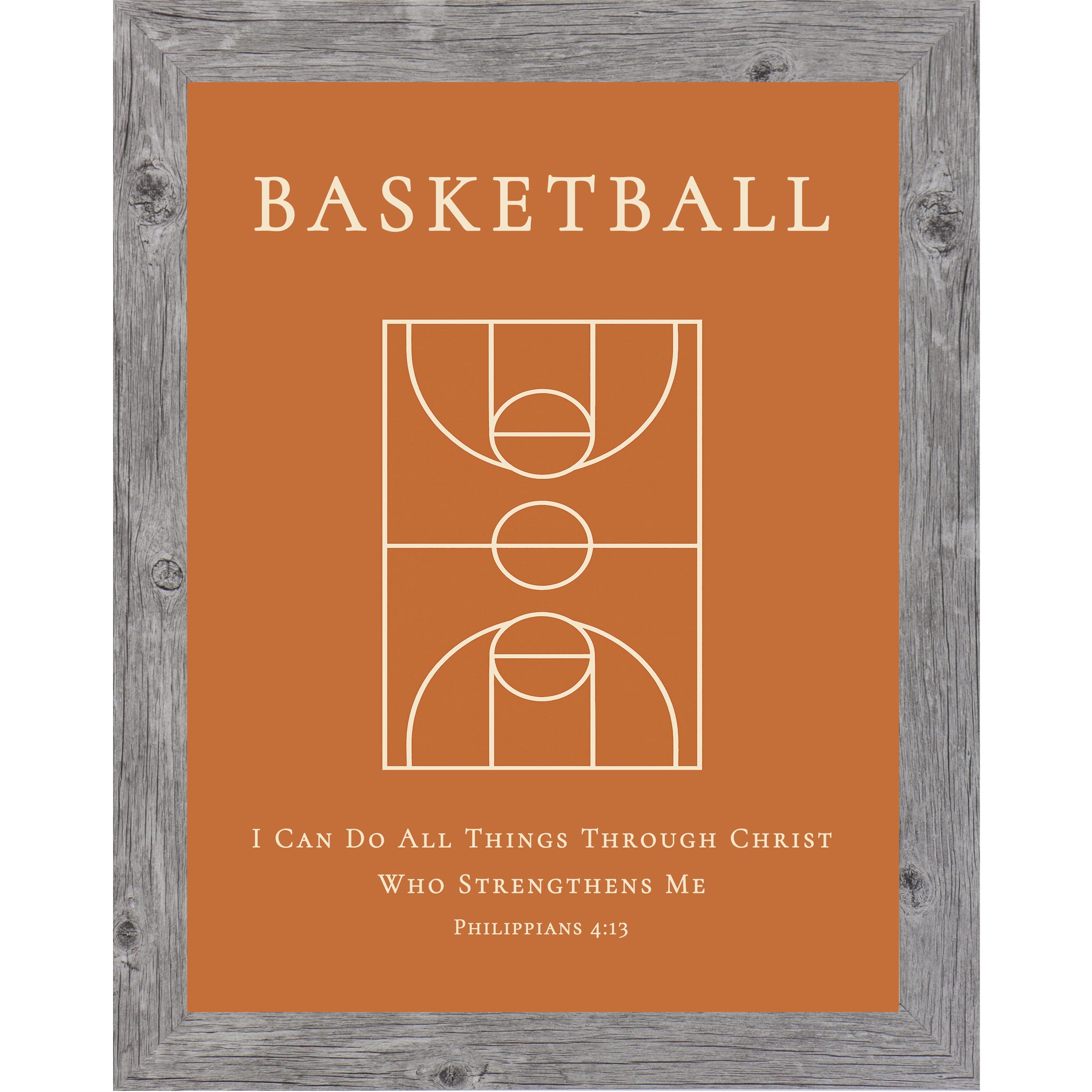 Gray Frame Color Christian basketball wall art featuring a basketball court diagram with the Bible verse Philippians 4:13 on an orange background.