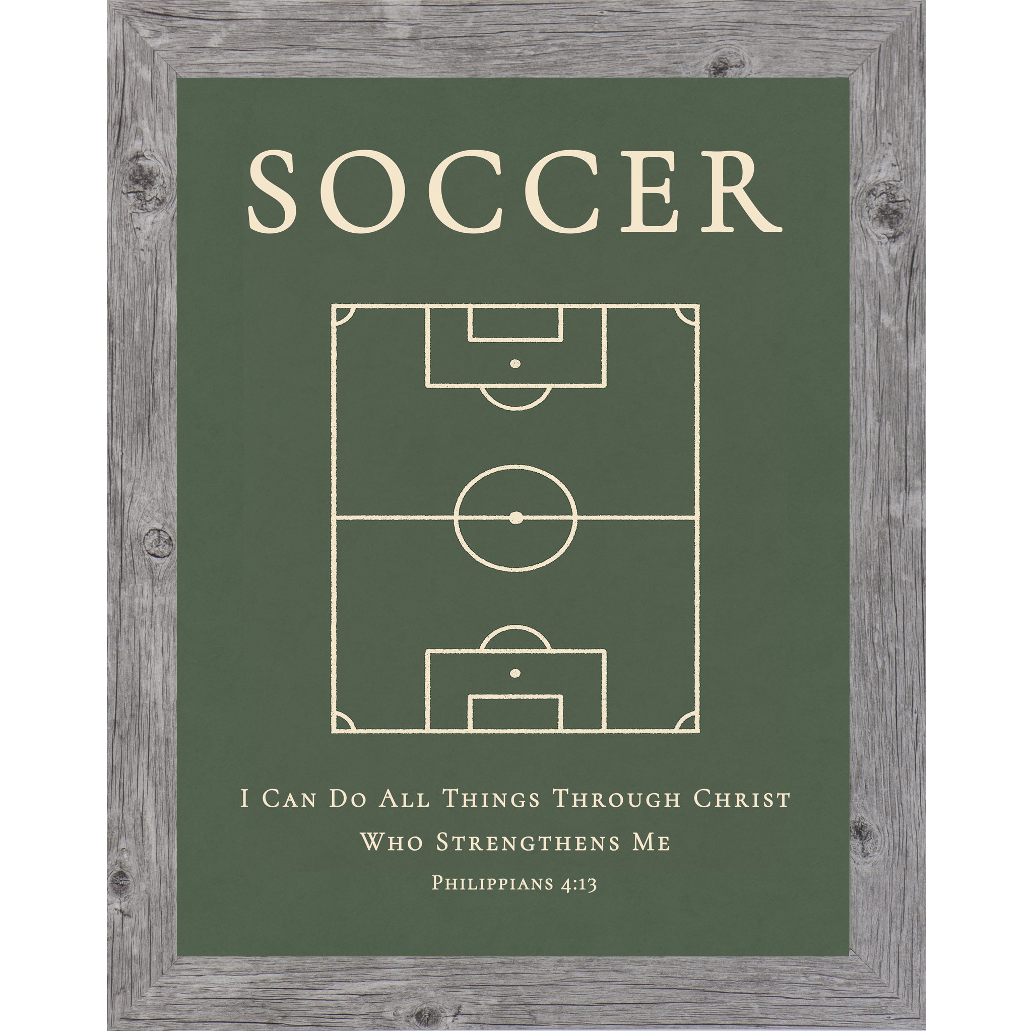 Gray color framed Christian soccer wall art featuring a soccer field diagram with the Bible verse Philippians 4:13 on a green background.