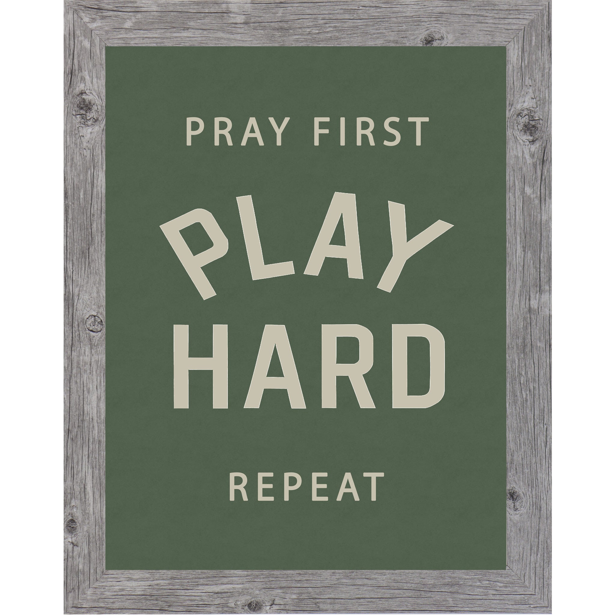 Gray Frame Color Framed motivational sports wall art with green background reading Pray First Play Hard Repeat for athlete bedroom decor and faith inspired sports spaces.