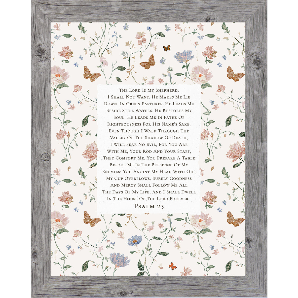 Vertical framed Psalm 23 wall art featuring full scripture on neutral center panel surrounded by soft pastel floral and butterfly pattern, Christian decor in multiple vertical sizes.