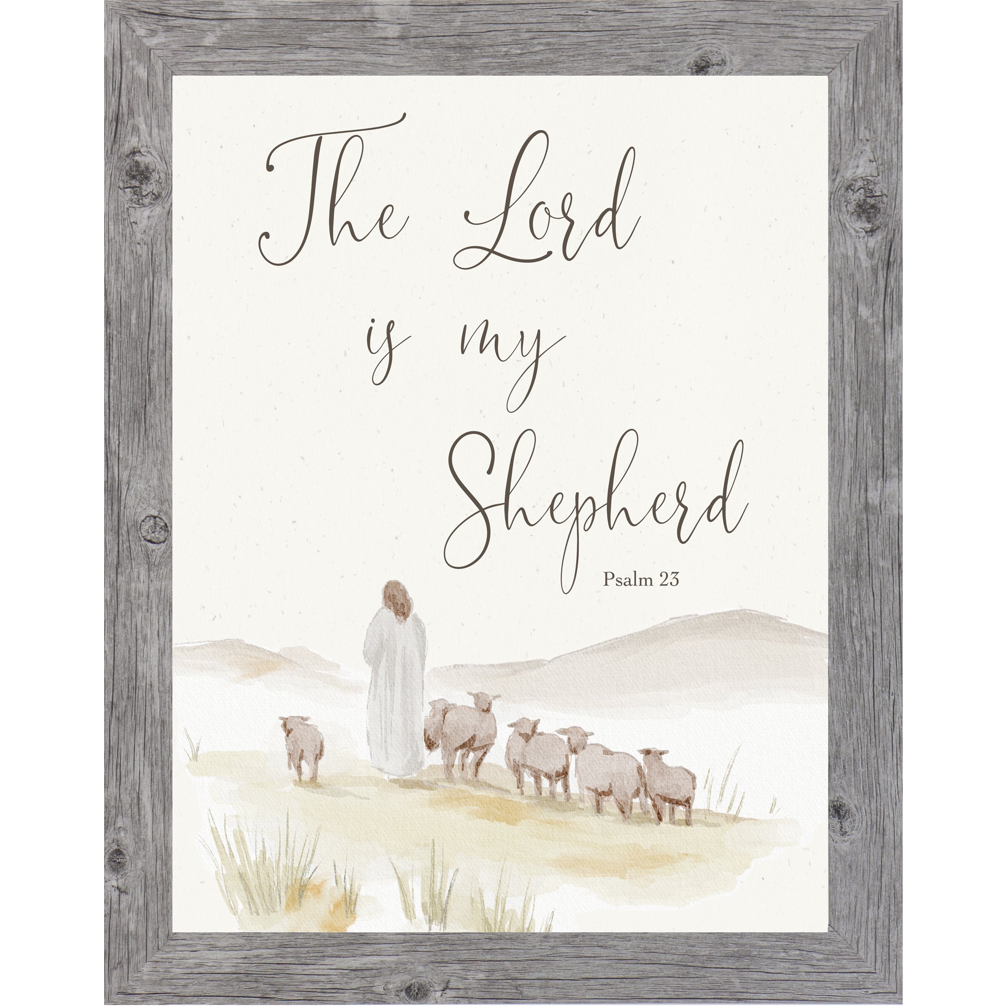 Vertical Psalm 23 wall art featuring The Lord Is My Shepherd verse above a watercolor shepherd and sheep landscape on a neutral background.