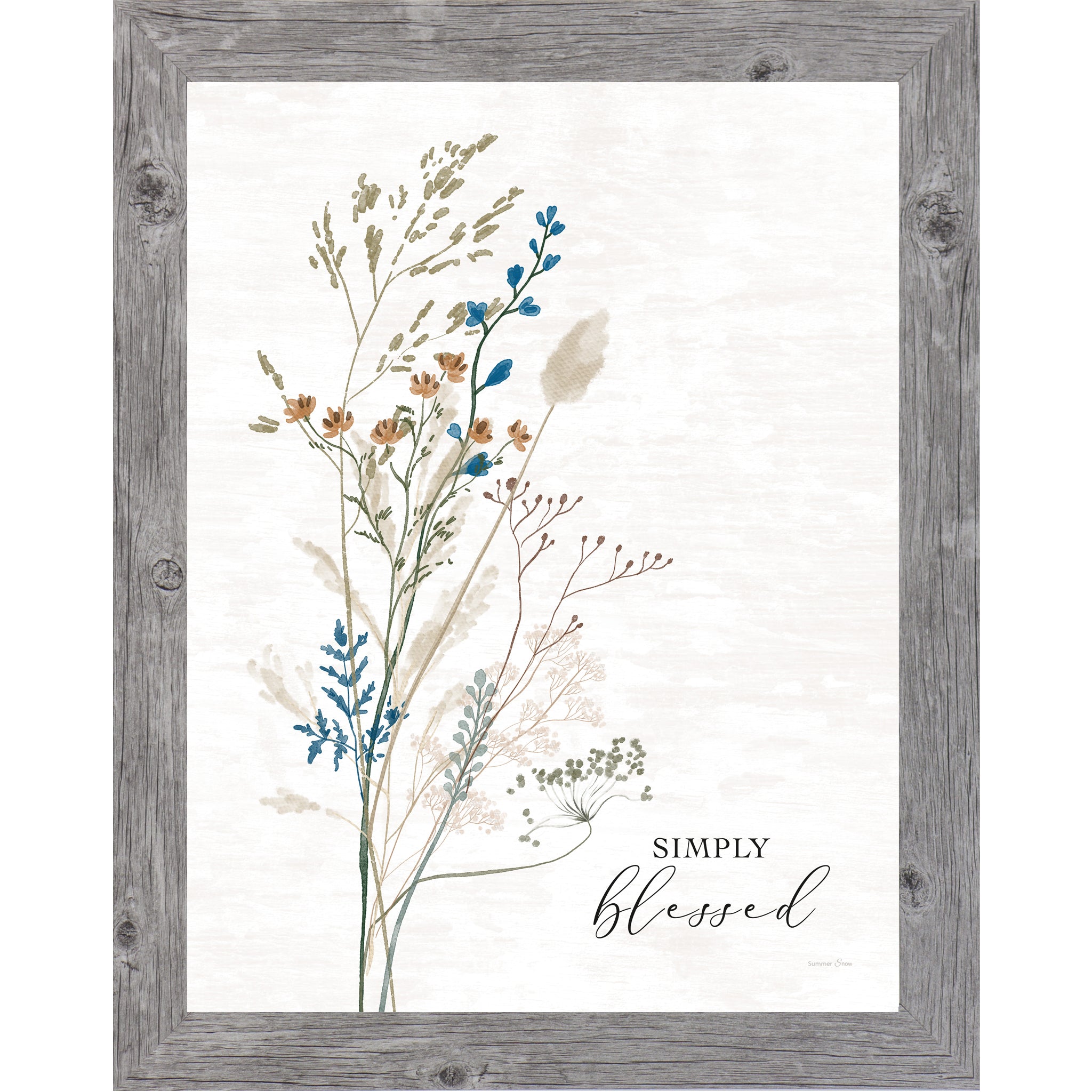 Gray framed portrait watercolor floral wall art with tall blue orange and brown stem on white textured background with the words "Simply Blessed"