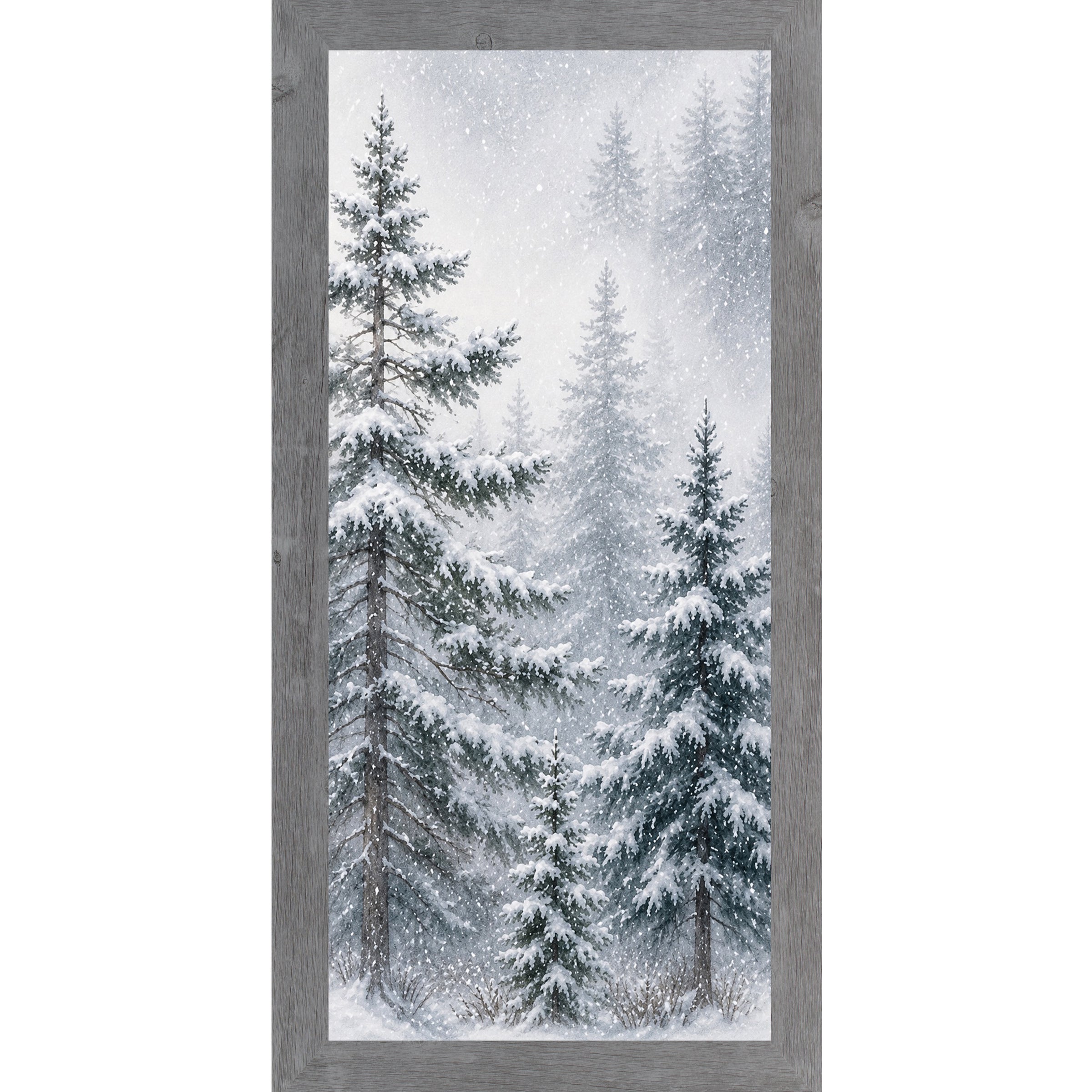 Gray framed narrow portrait watercolor winter wall art featuring a snowy pine forest with a tall evergreen leaning left through falling snow