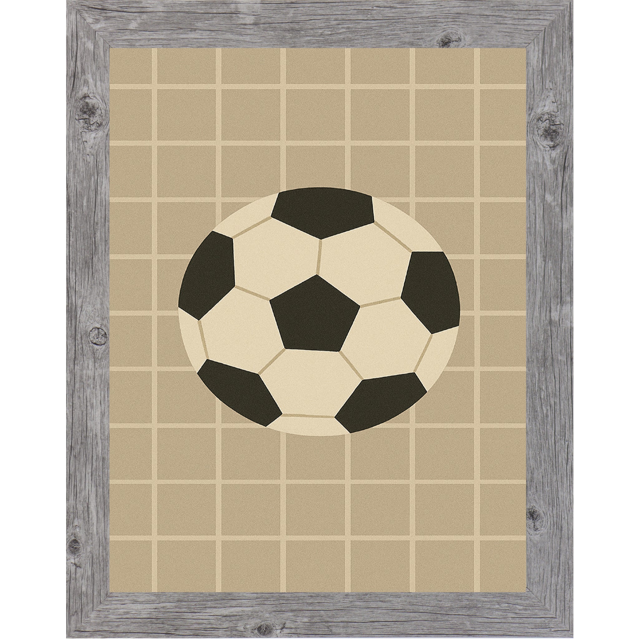 Gray Frame Color Soccer ball wall art featuring a black and white soccer ball centered on a tan grid background.