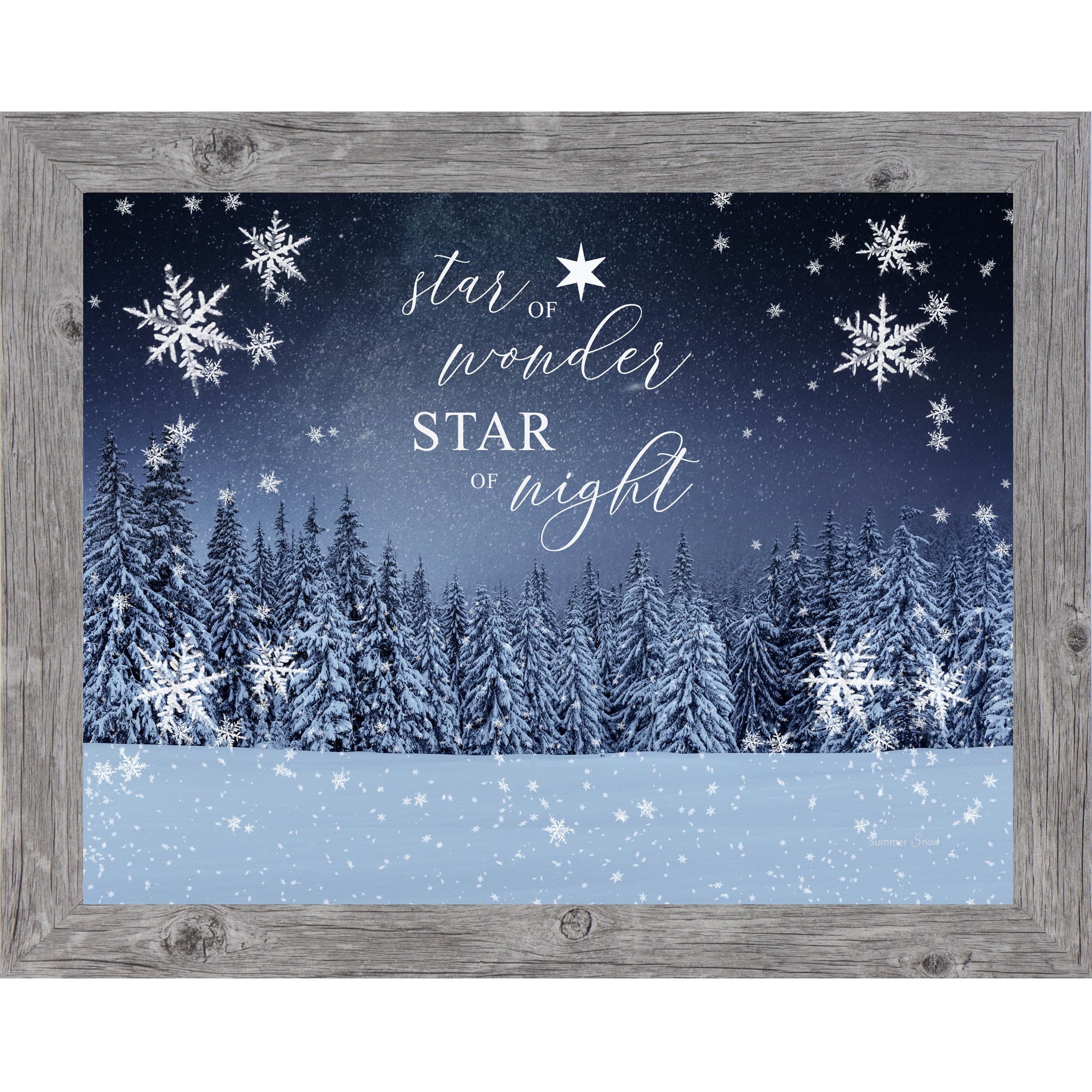 Winter forest Christmas wall art featuring snowy evergreen trees under a starry night sky with the phrase Star of Wonder Star of Night in elegant script.