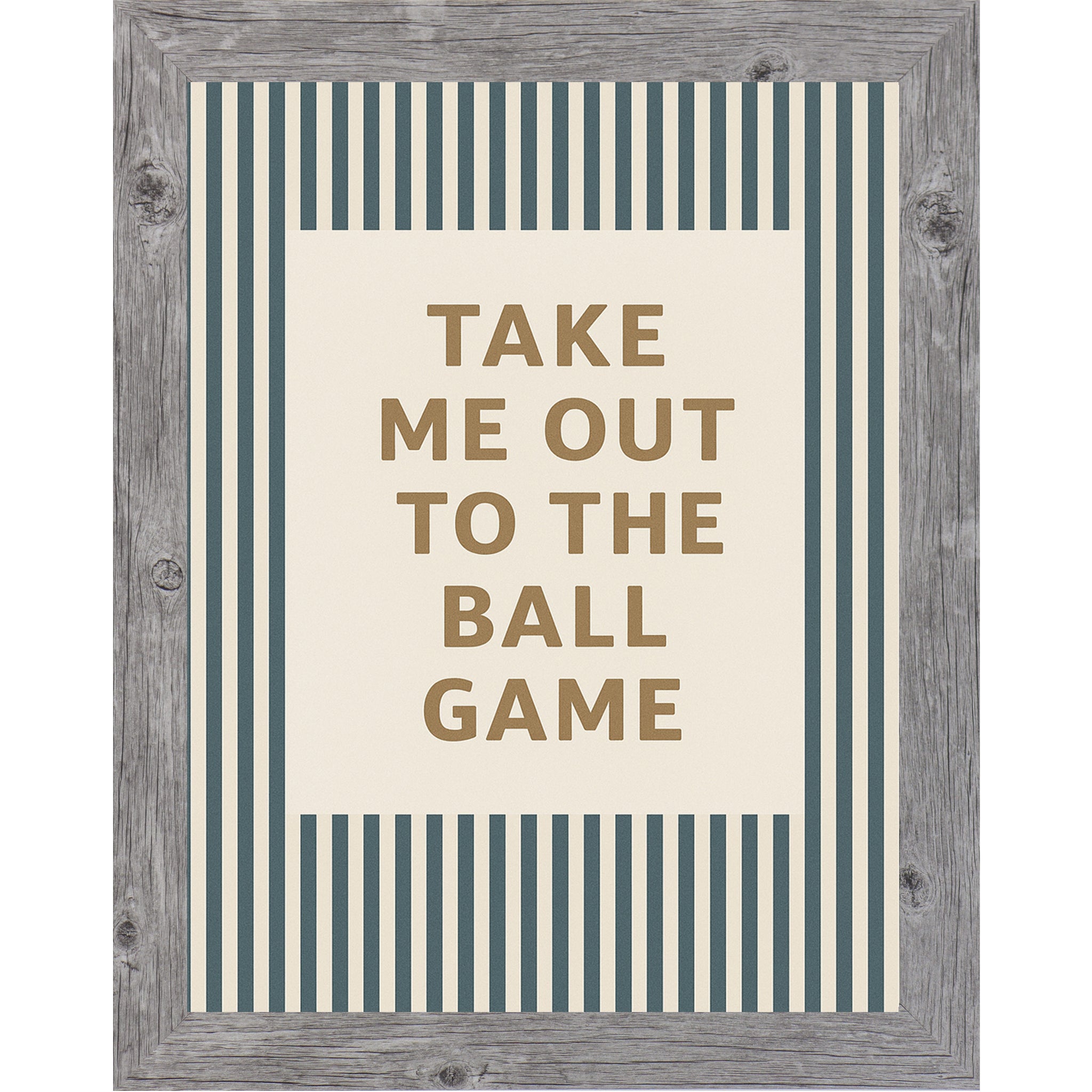 Gray frame color with Baseball themed framed wall art featuring the phrase “Take Me Out To The Ball Game” on an off white background with vintage teal baseball pinstripes.