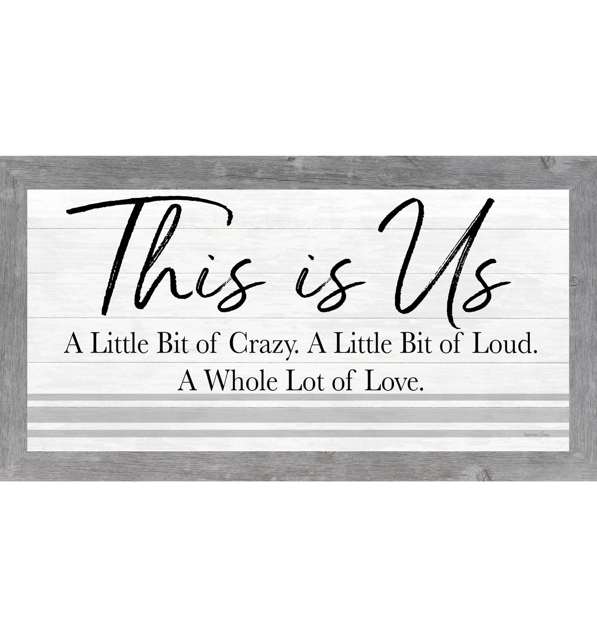 Framed horizontal family wall art with white slatewood background and the quote “This Is Us – A little bit of crazy, a little bit of loud, a whole lot of love,” modern neutral home decor.