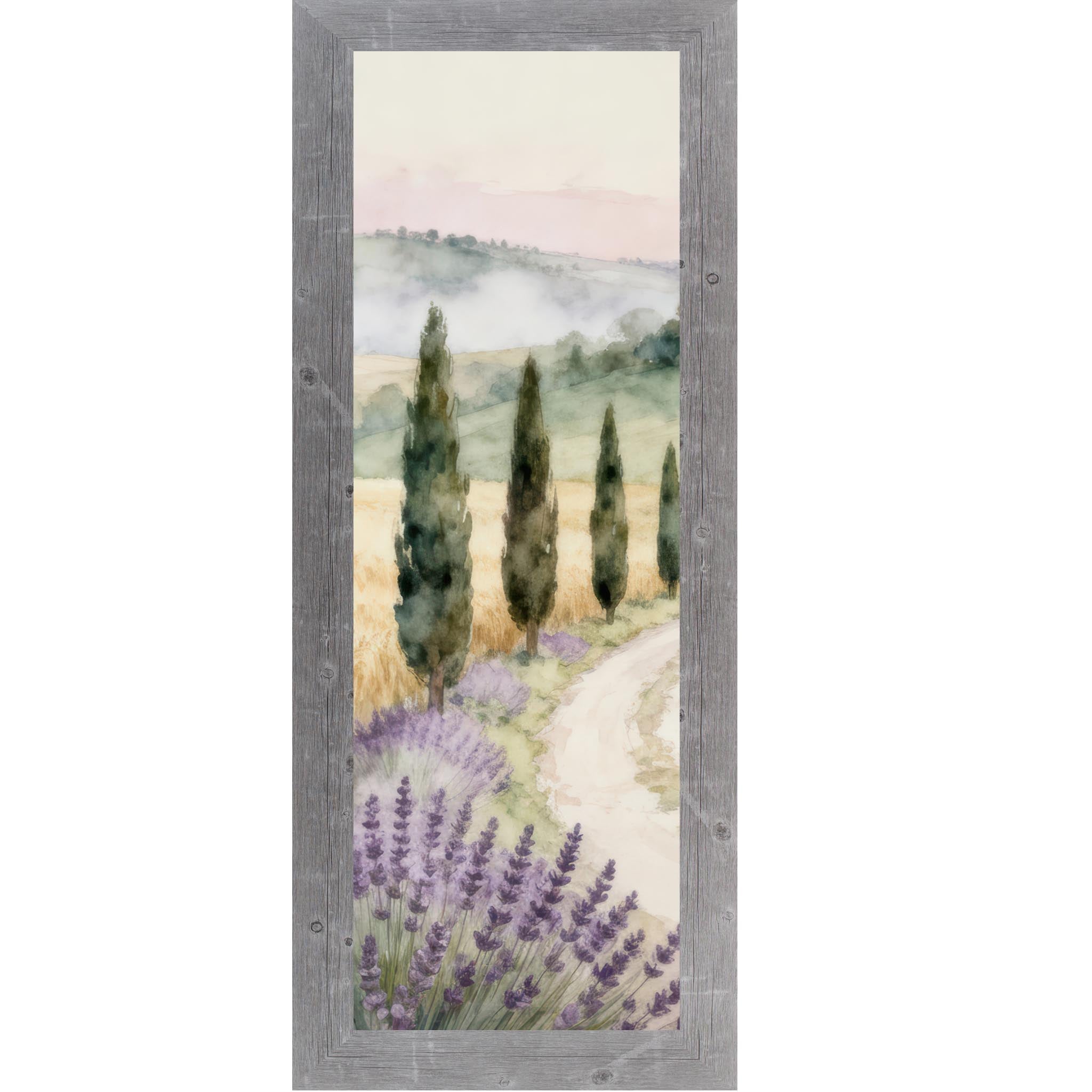 Gray framed narrow portrait Tuscan watercolor wall art with lavender foreground cypress trees winding path and misty golden fields — Italian countryside slim vertical decor