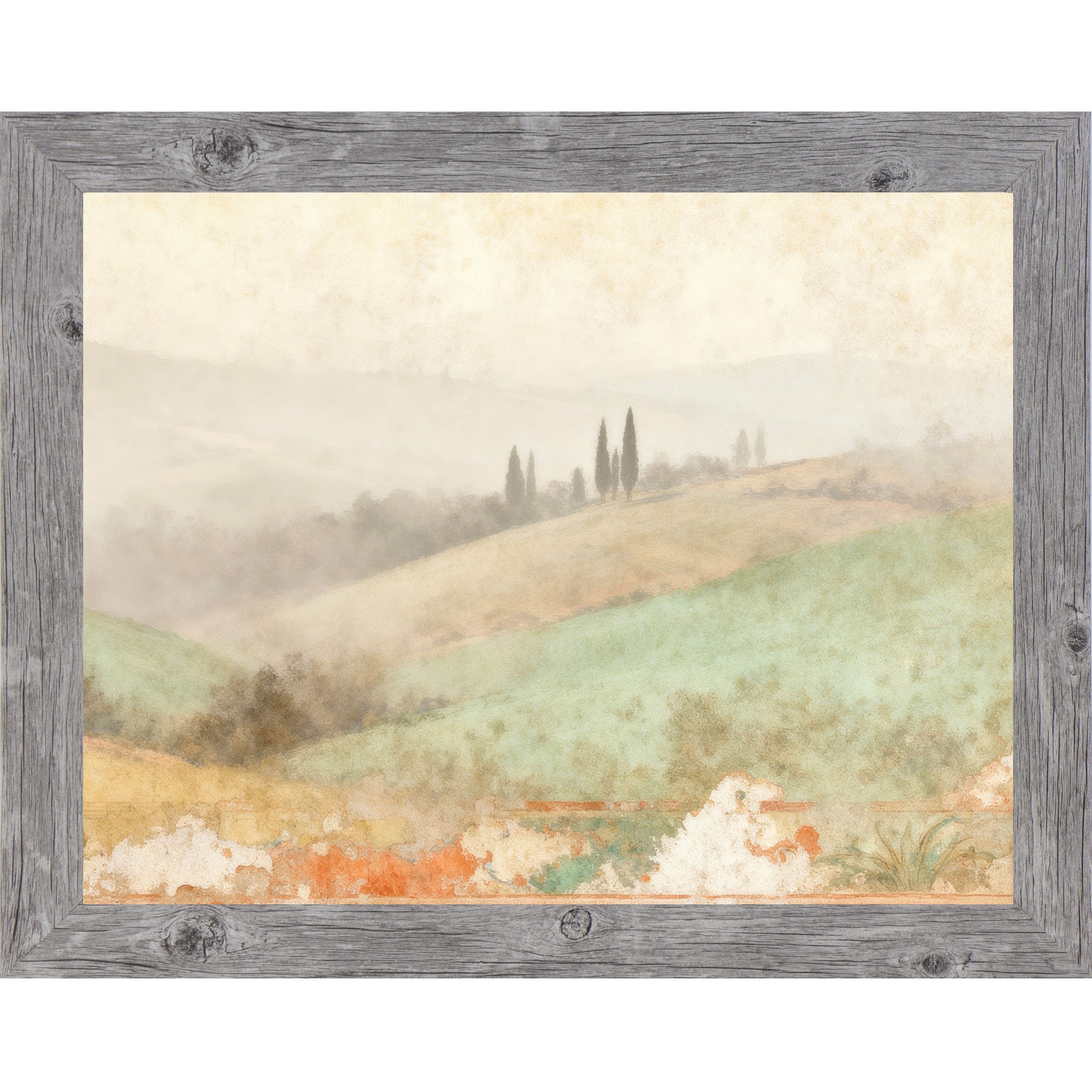Gray framed landscape Tuscan wall art with misty valley rolling sage hills and cypress trees with distressed fresco botanical border — Italian countryside companion piece