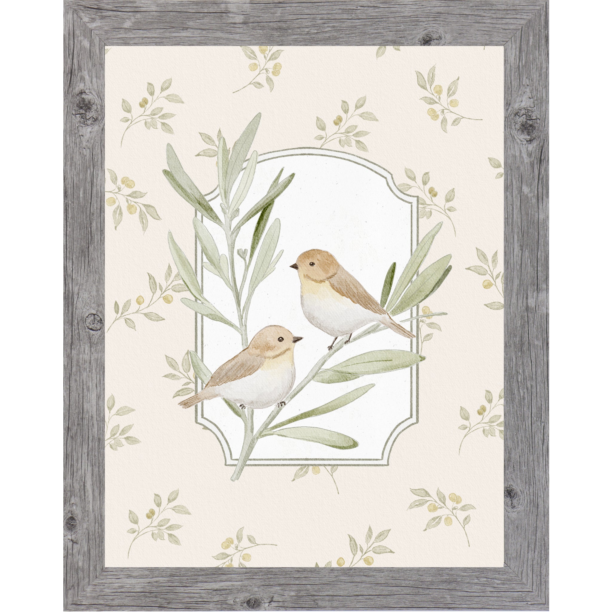 Gray Color Frame Vertical vintage bird wall art featuring two tan sparrows on leafy branches inside ornate frame panel with soft neutral floral background.
