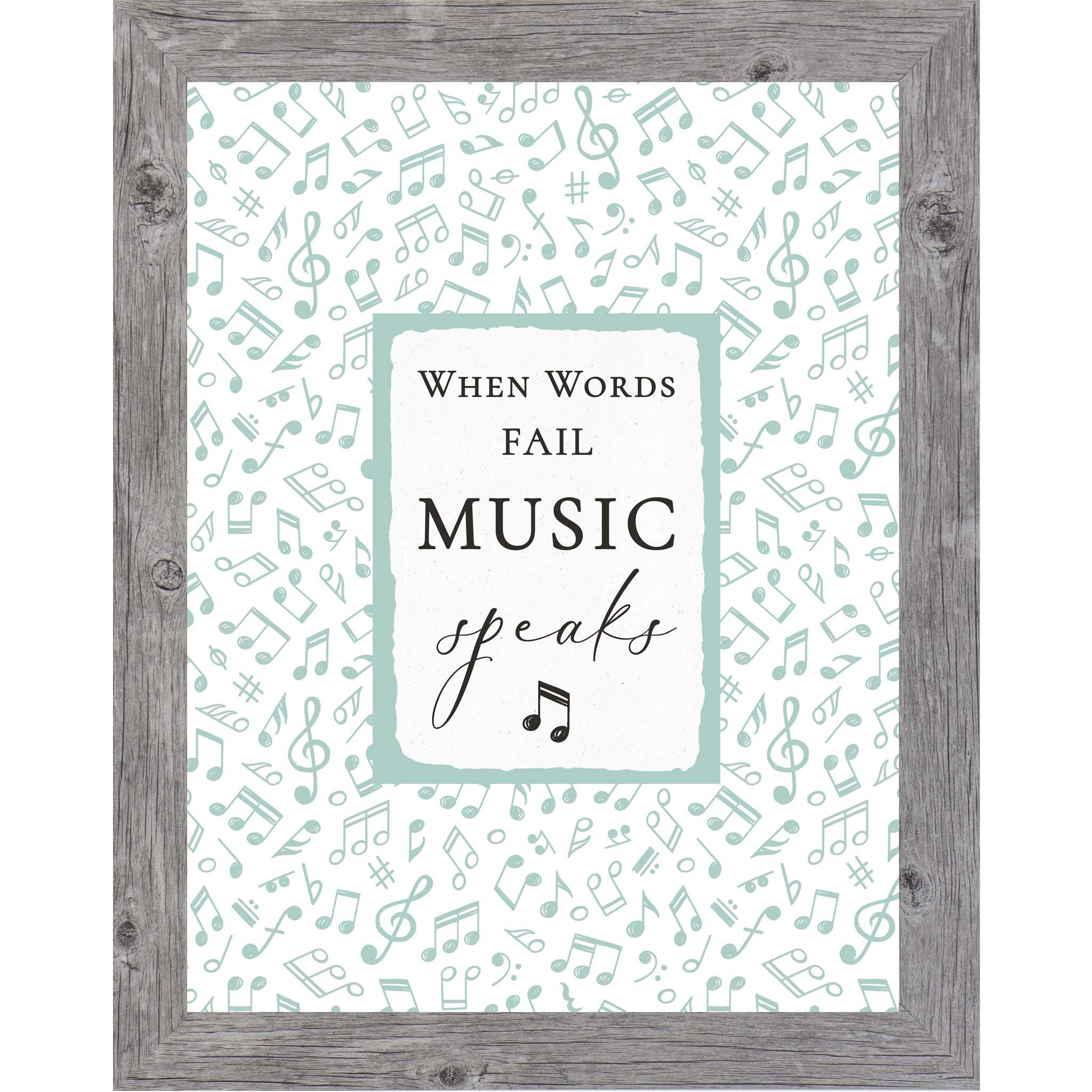 Gray frame color When Words Fail Music Speaks framed wall art with green and blue musical notes on a white background, inspirational music quote decor for music classrooms and studios.
