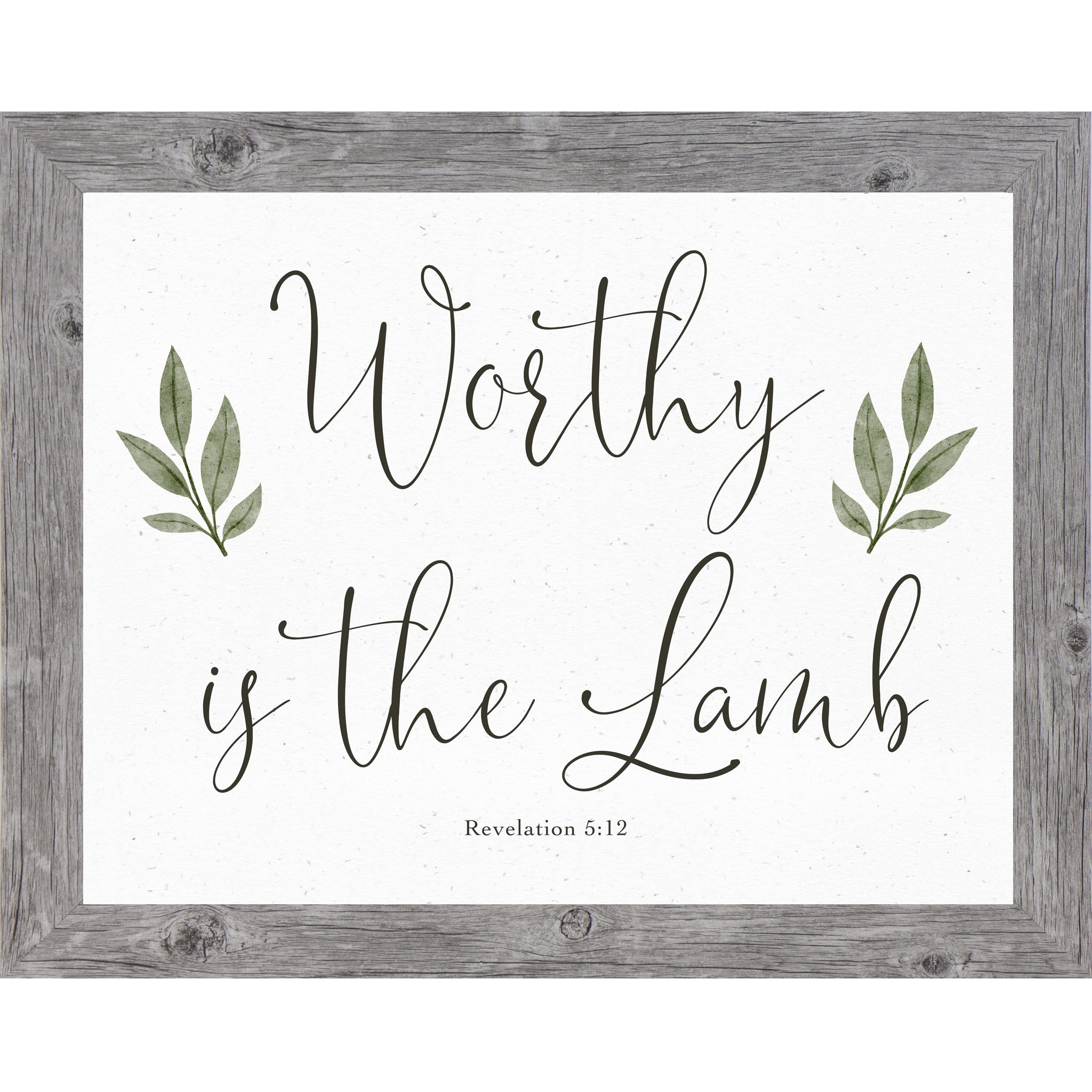 Horizontal Christian wall art featuring Worthy Is The Lamb Revelation 5:12 with green leaf accents on a neutral background.