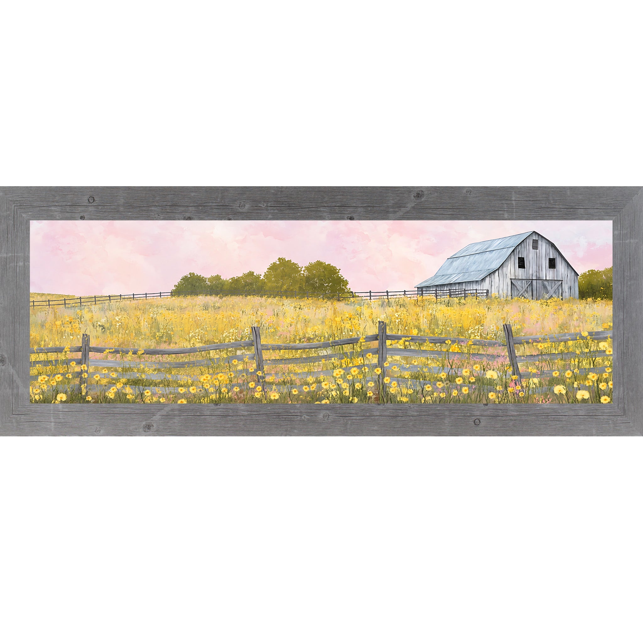 Gray framed wide landscape farmhouse wall art featuring a watercolor gray barn in a yellow wildflower meadow with split rail fence and soft pink sky — Yellow Wildflower Barn SB950