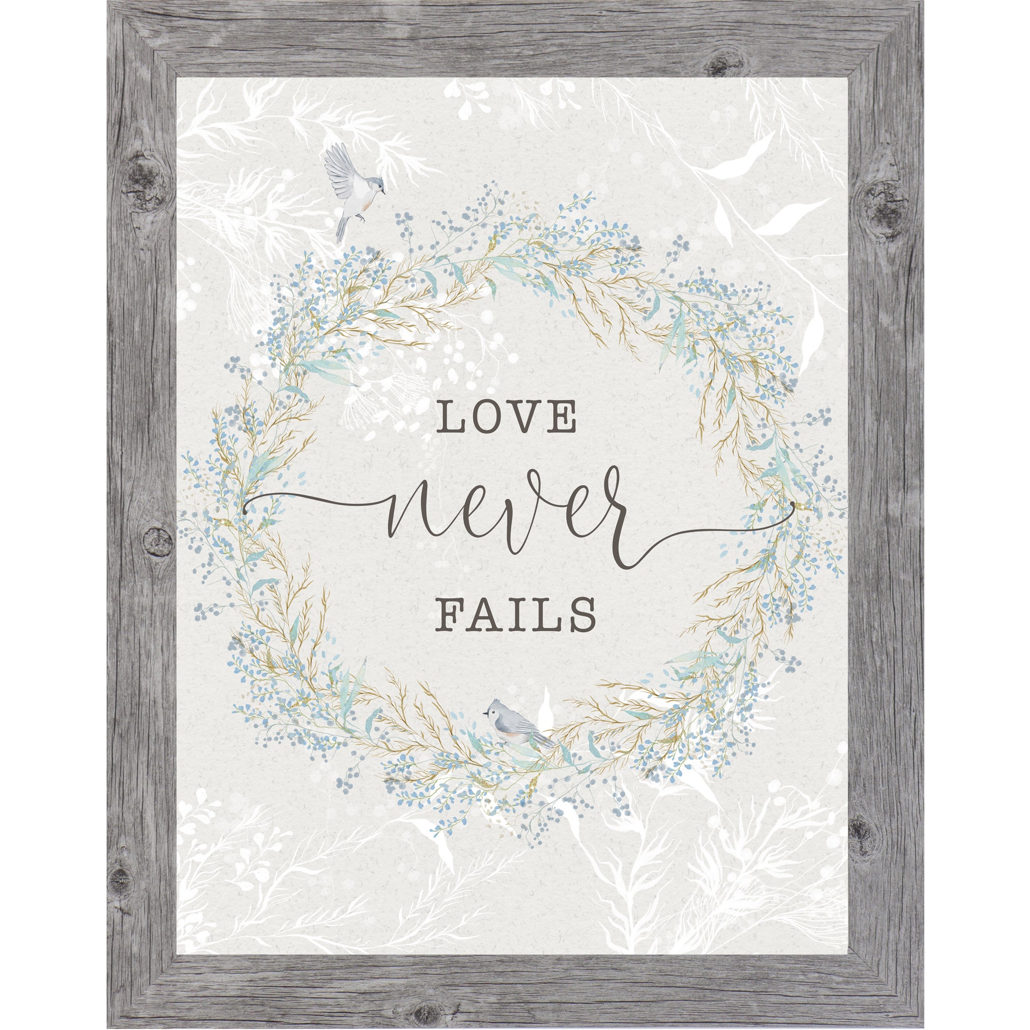Love Never Fails Wall Art – Floral Wreath Scripture Decor, Soft Neutral Christian Art (SB150)