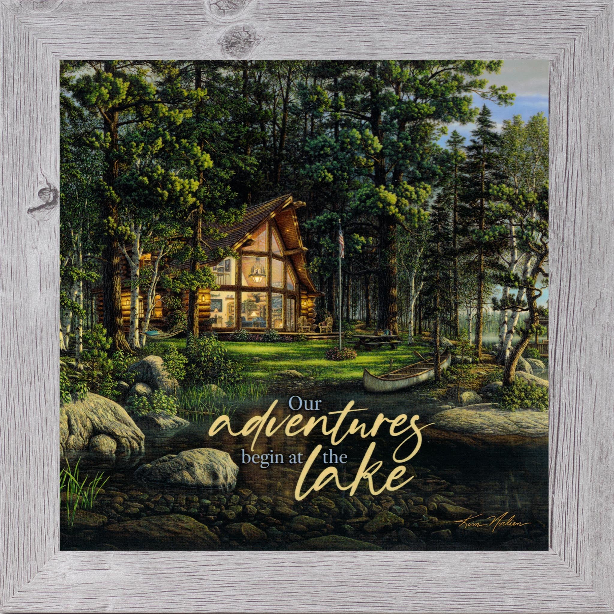 Our Adventures Begin at the Lake – Framed Lake House Wall Art with Cabin Scene (KN47)