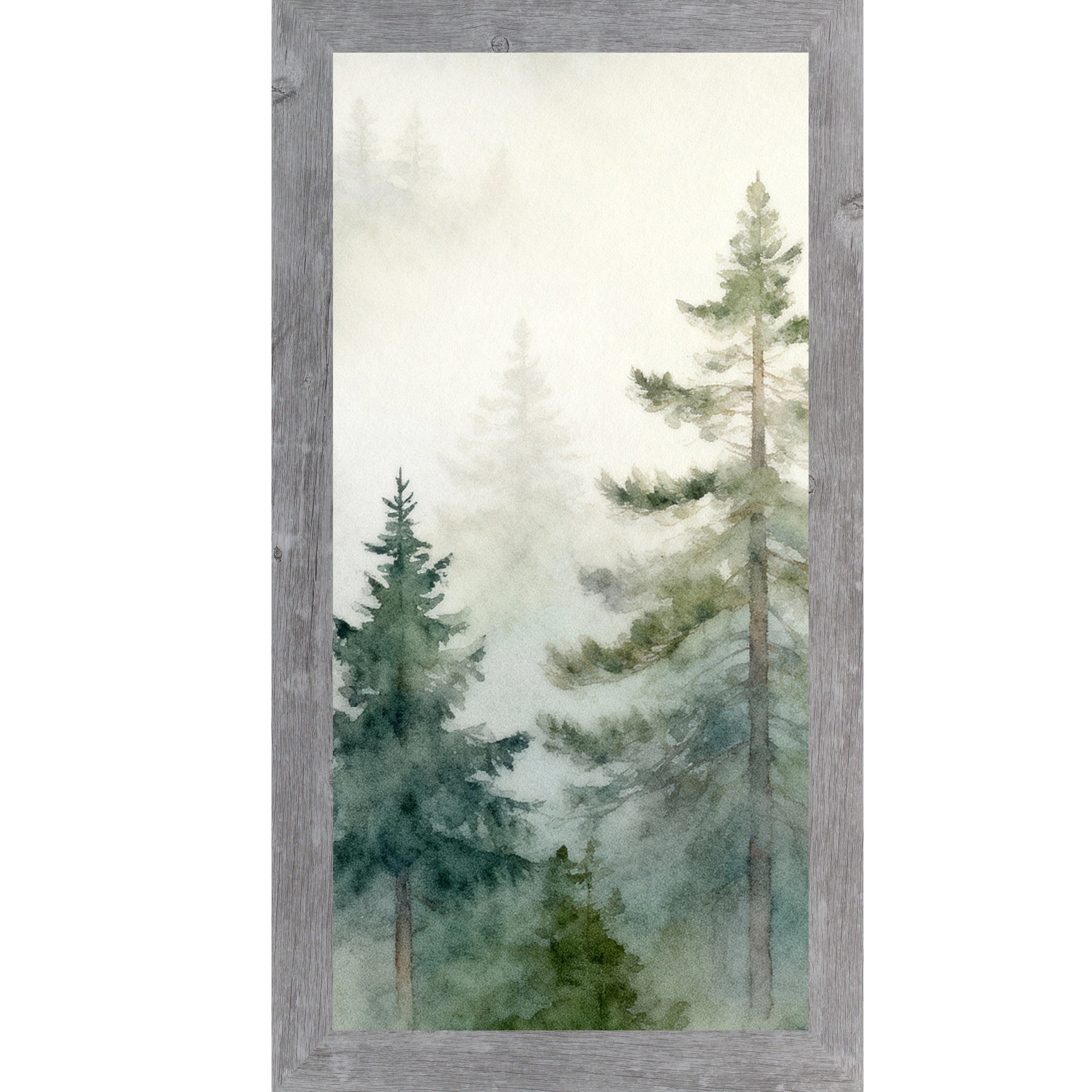 Misty Evergreen Forest – Vertical Watercolor Pine Tree Framed Wall Art | Serene Nature Decor (SB727)