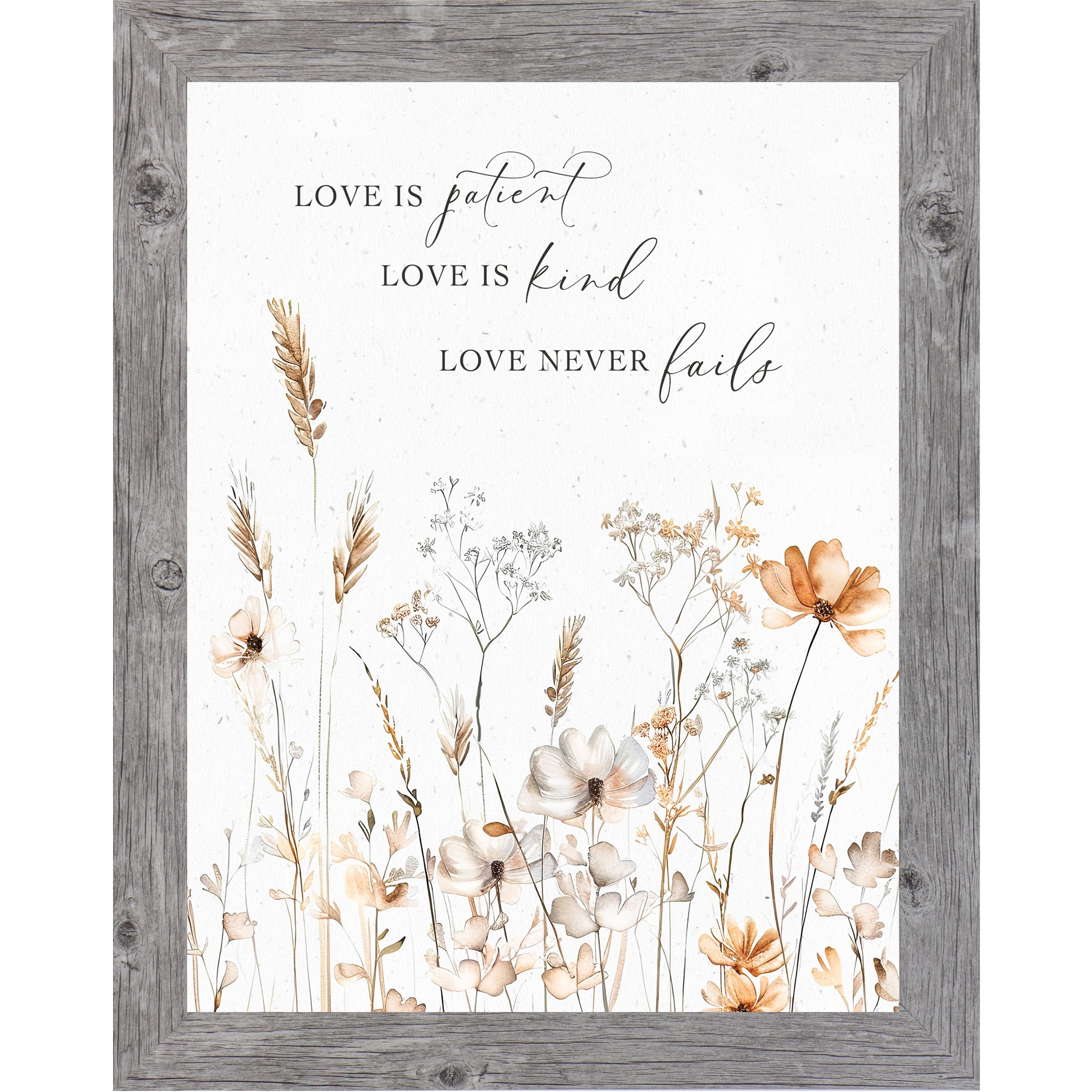 Love Is Patient Love Is Kind Love Never Fails Framed Wall Art – Vertical Floral Scripture Decor (SN399)