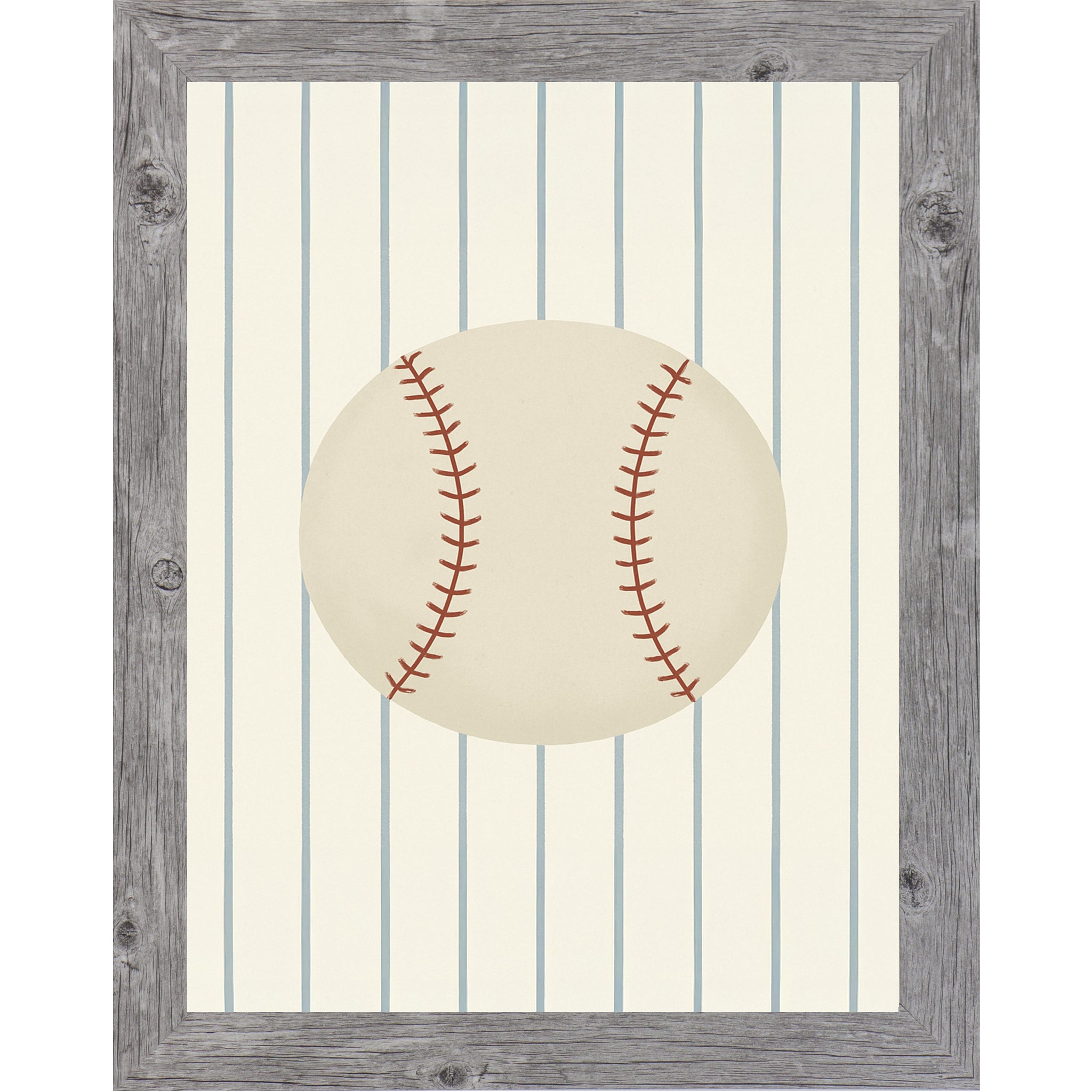 Gray framed portrait baseball wall art featuring a vintage cream baseball with red stitching centered on soft blue pinstripes — SB204