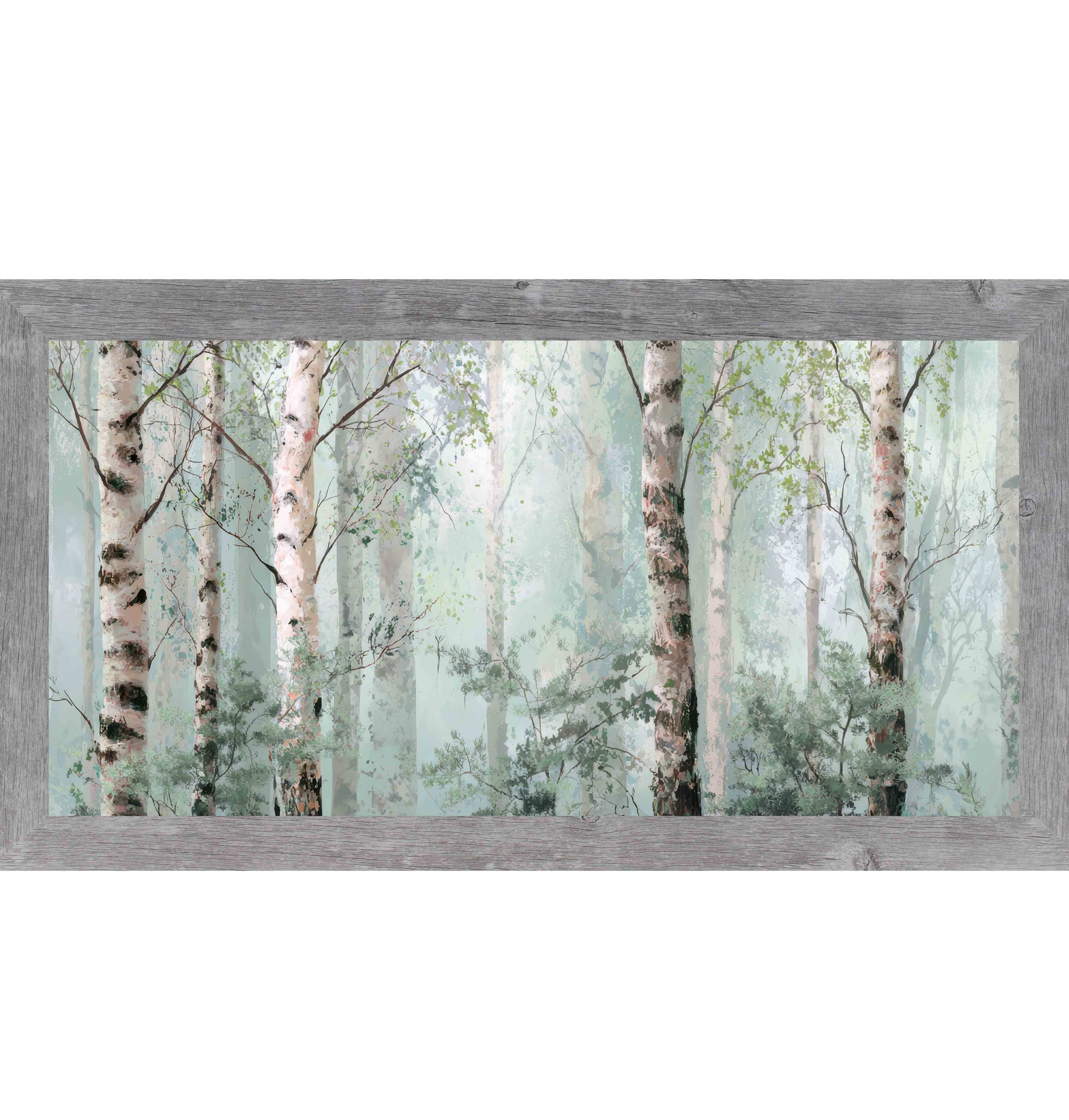 Gray framed wide landscape birch tree wall art featuring soft watercolor birch forest in sage green and ivory mist — Birch Forest Mist SB737