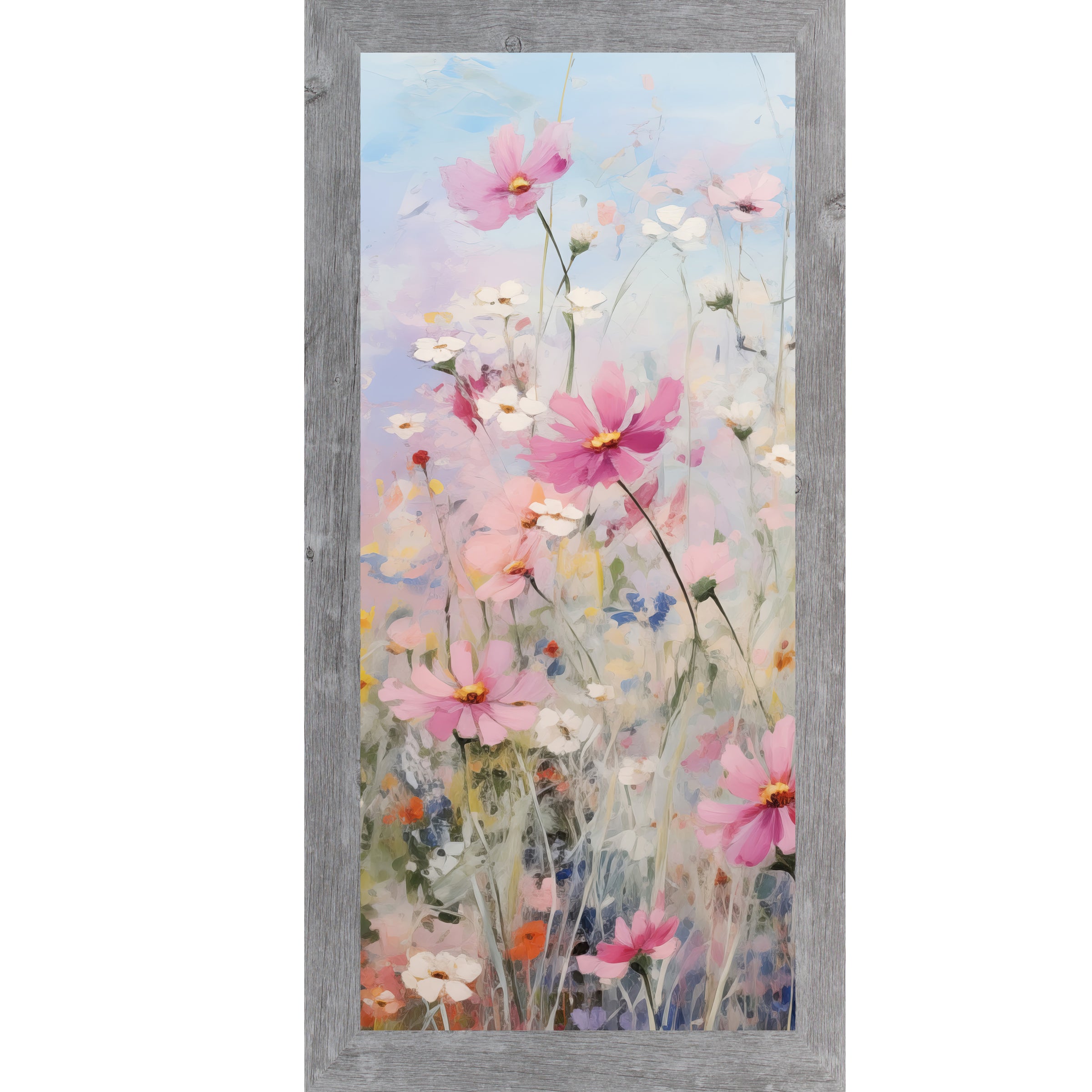Gray framed tall portrait floral wall art featuring impressionist cosmos wildflowers in deep magenta pink white yellow and orange against a soft blue sky — Cosmos Meadow Left Panel SB728