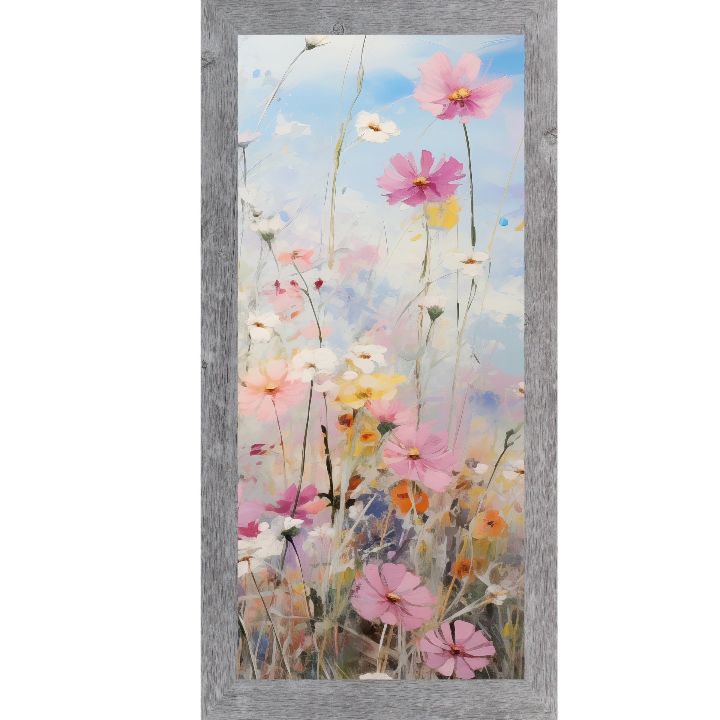 Gray framed tall portrait floral wall art featuring impressionist cosmos wildflowers in soft pink magenta white and yellow with blue lavender sky accents — Cosmos Meadow Right Panel SB729