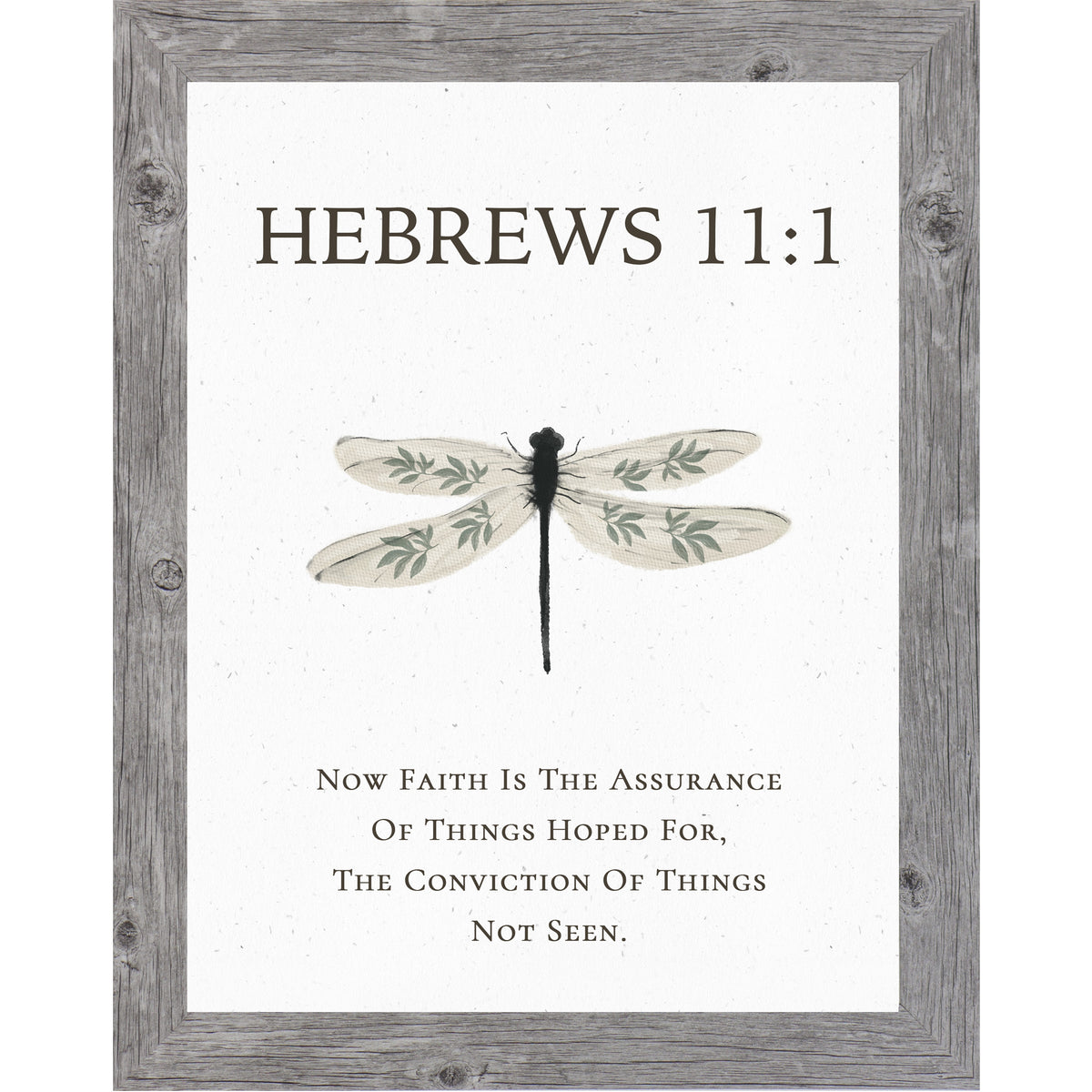 Hebrews 11:1 Christian dragonfly wall art featuring a large watercolor dragonfly with botanical wing details on a neutral white background, framed decor available in multiple sizes.