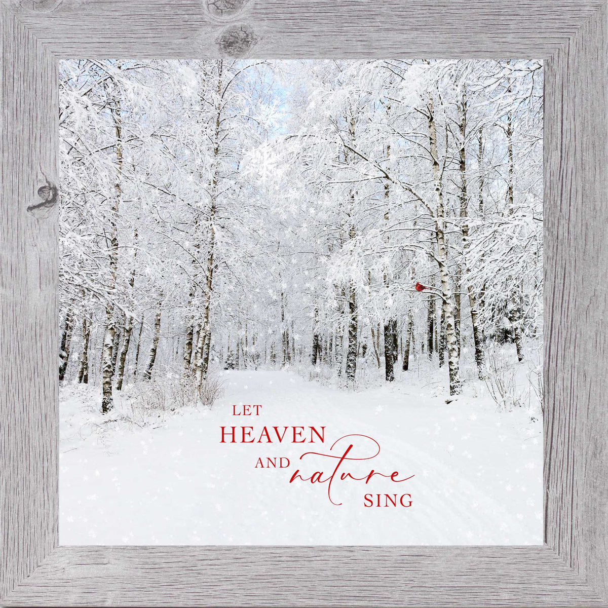 Let Heaven and Nature Sing Christmas wall art featuring snowy forest path with red cardinal and red holiday lettering, square winter framed decor